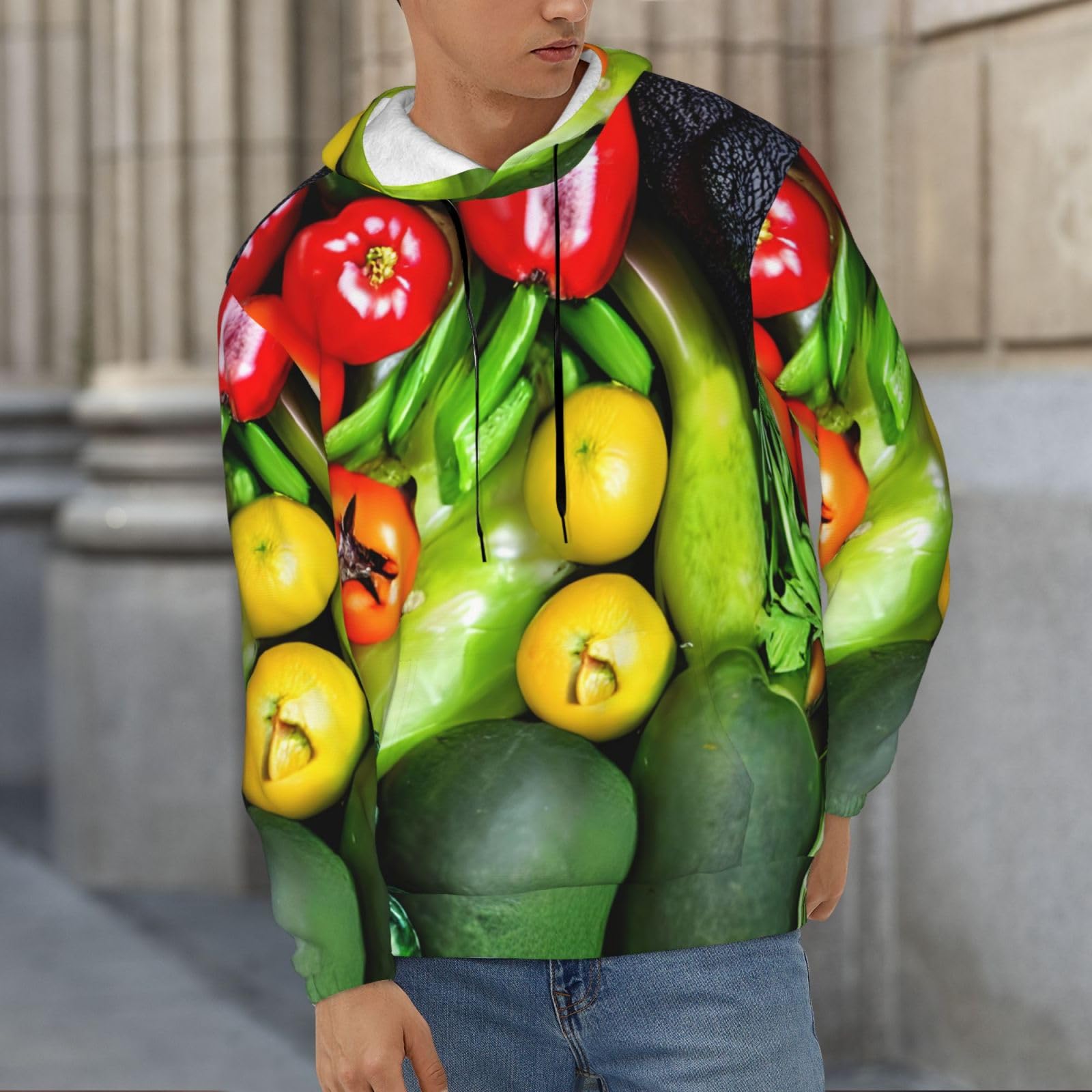 Męska bluza z kapturem z nadrukiem świeżych warzyw i owoców, casualowa grafika z nadrukiem bluzy z kapturem z kieszenią
