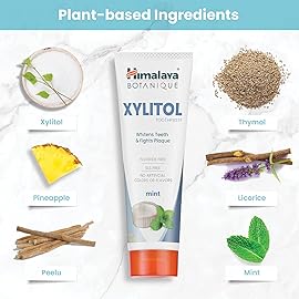 Himalaya Botanique Whitening Antiplaque Toothpaste with Xylitol, Fluoride Free, for Plaque Reduction & Gentle Whitening, 4 oz, 4 Pack
