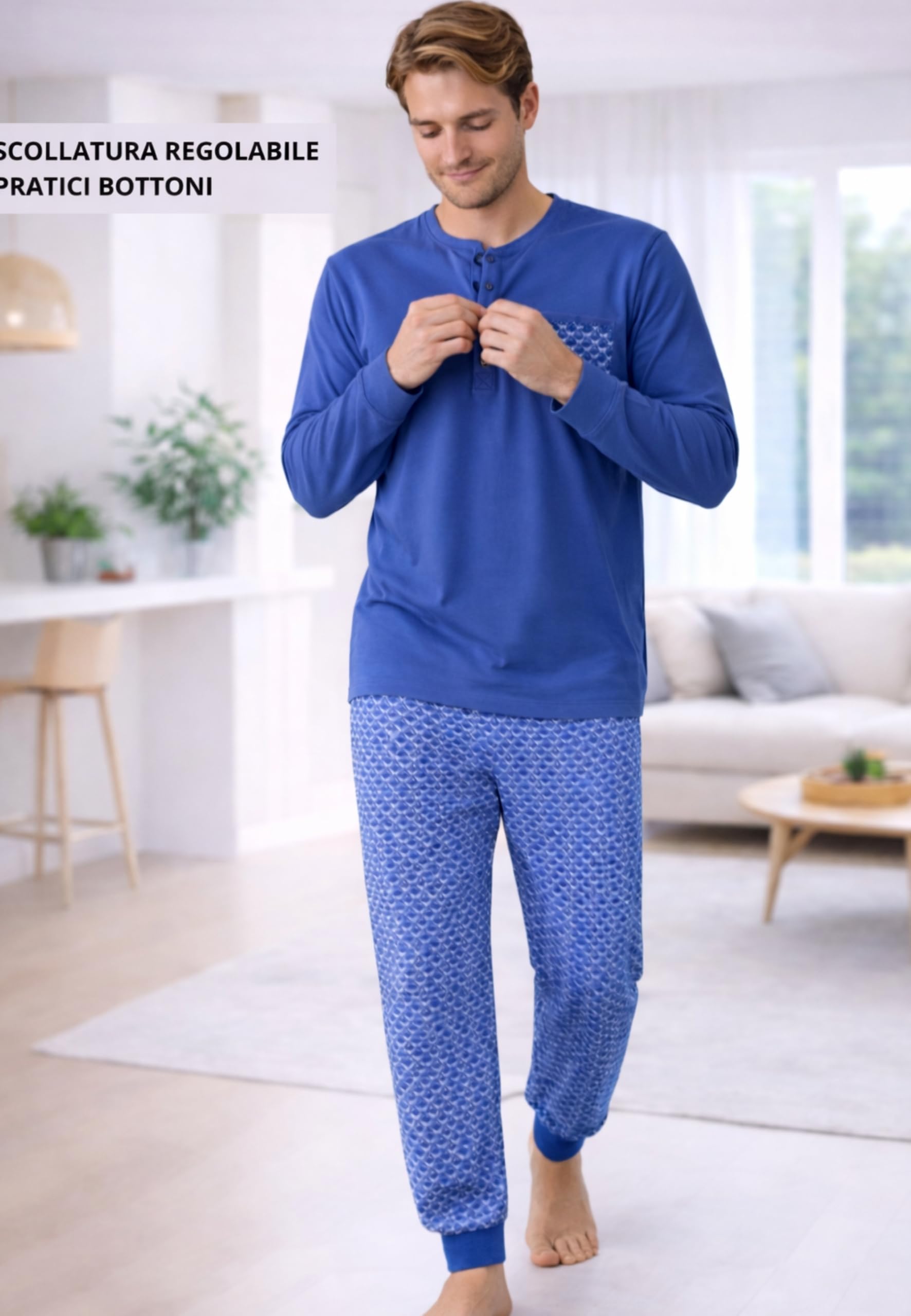 Intimitaly Vanuè - Pigiama Uomo Cotone Lungo 100%, Maglia Maniche Lunghe e Pantalone, Leggero e Traspirante, Primavera Estate