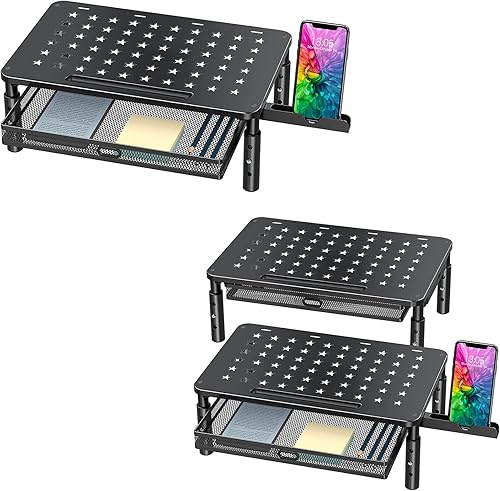 Zimilar Soporte elevador para monitor con cajón de malla metálica, elevador de monitor de altura ajustable con soporte para teléfono para