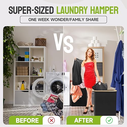 Miniatura 3 de Zomhusea Cesta de lavandería con tapa de 160 L, cesta grande para la ropa sucia, 3 secciones con bolsas de lavandería extraíbles, cesta plegable