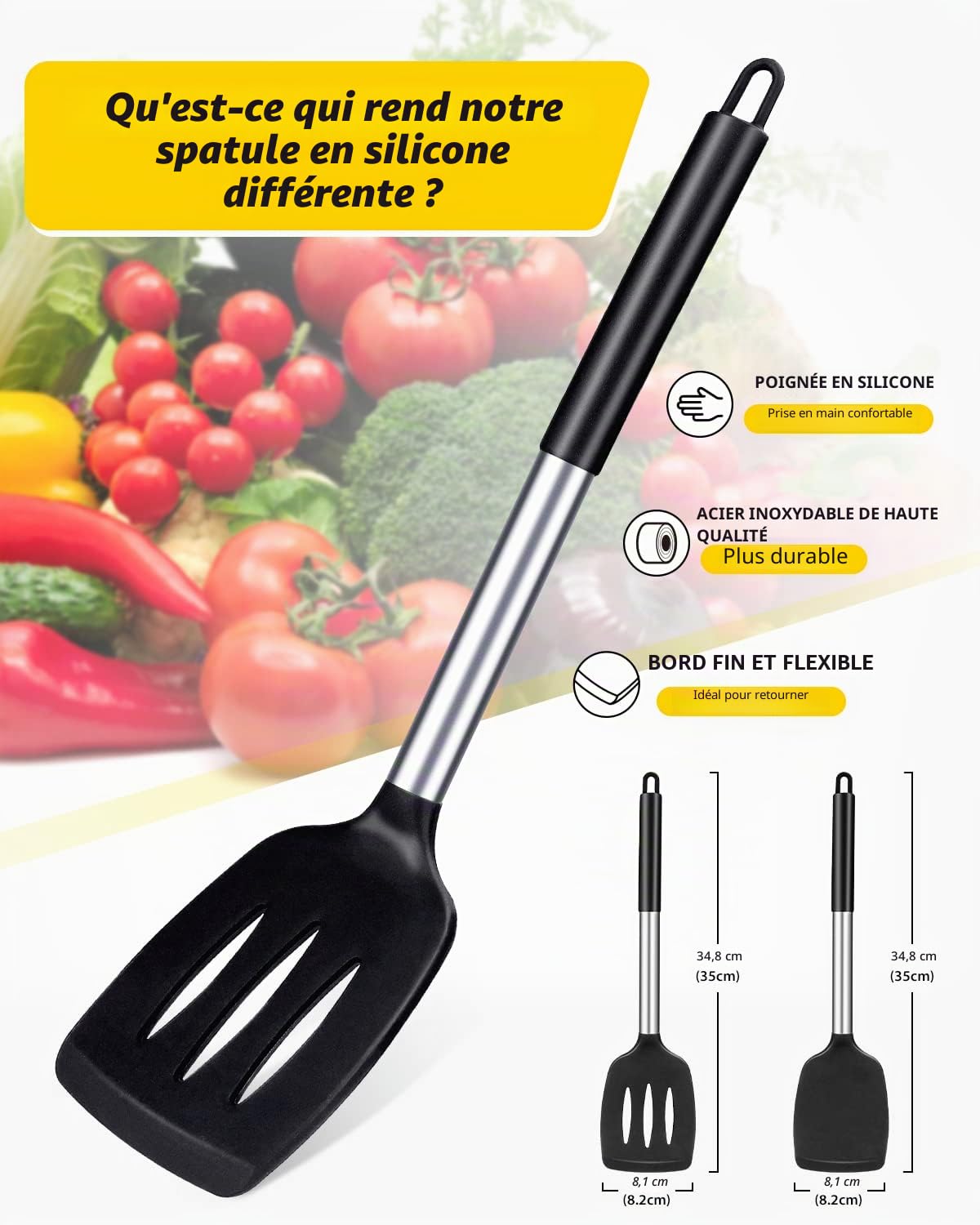 Lot de 2 spatules en silicone solides, spatules de cuisine fendues antiadhésives, ustensiles de cuisine sans BPA résistants à la chaleur élevée, ustensiles de cuisine