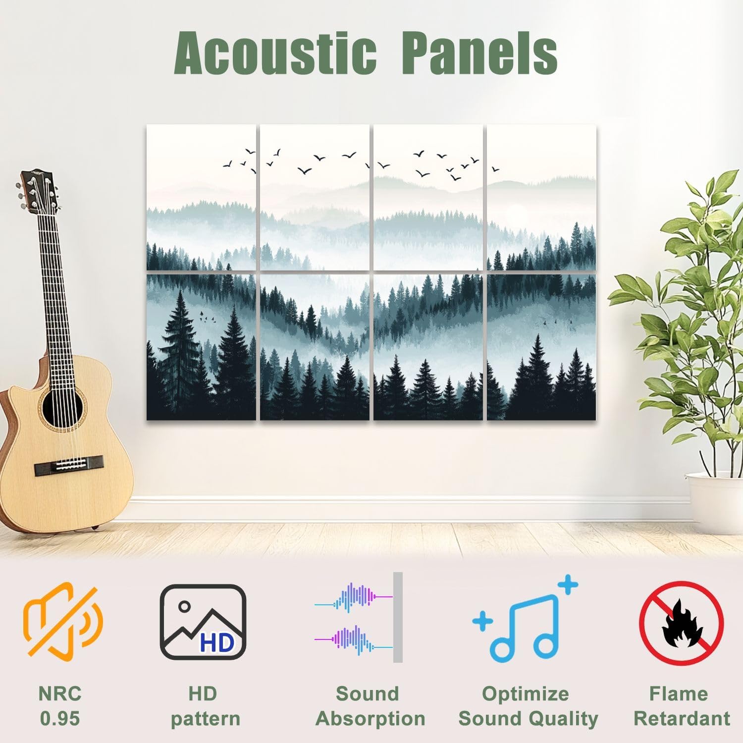 8 Pack Art Acoustic Panels Sound Absorbing Abstract Black White Forest Tree Textured Pine Trees Birds Mountains Decorative Soundproof Wall Panels Self Adhesive for Recording Studios Office 48"x32"