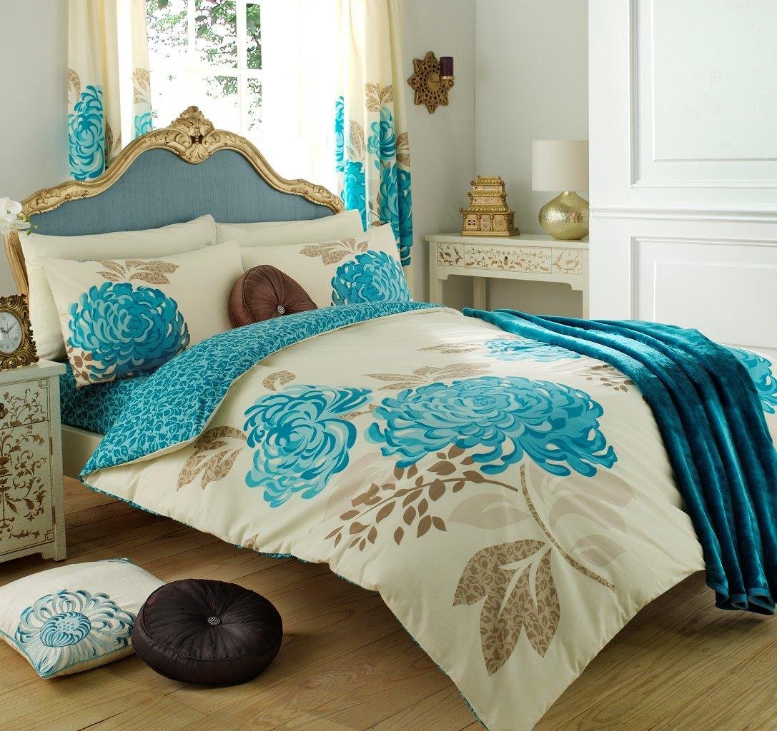 GC GAVENO CAVAILIA Gaveno Cavailia Botanical Duvet Cover Quilt Set With Pillow Case, Reversible, Poly Cotton, Kew Cream/Teal, Double Size Bedding, Polycotton