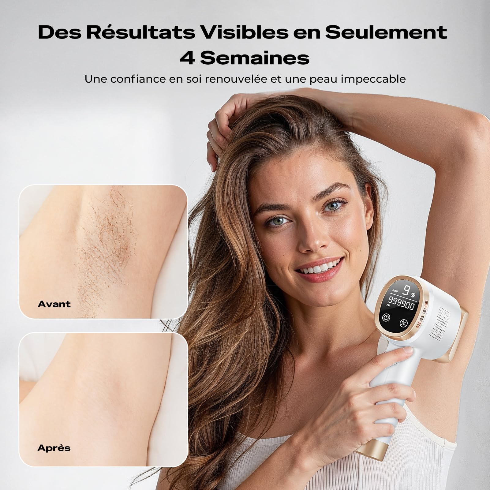 Épilateur Lumière Pulsée 21J avec Système de Refroidissement à 8 °C, 9 Niveaux et Lumière Rouge 600 nm, Écran Tactile LCD, Épilation Laser pour Visage, Bras, Maillot, Femmes et Hommes, Blanc