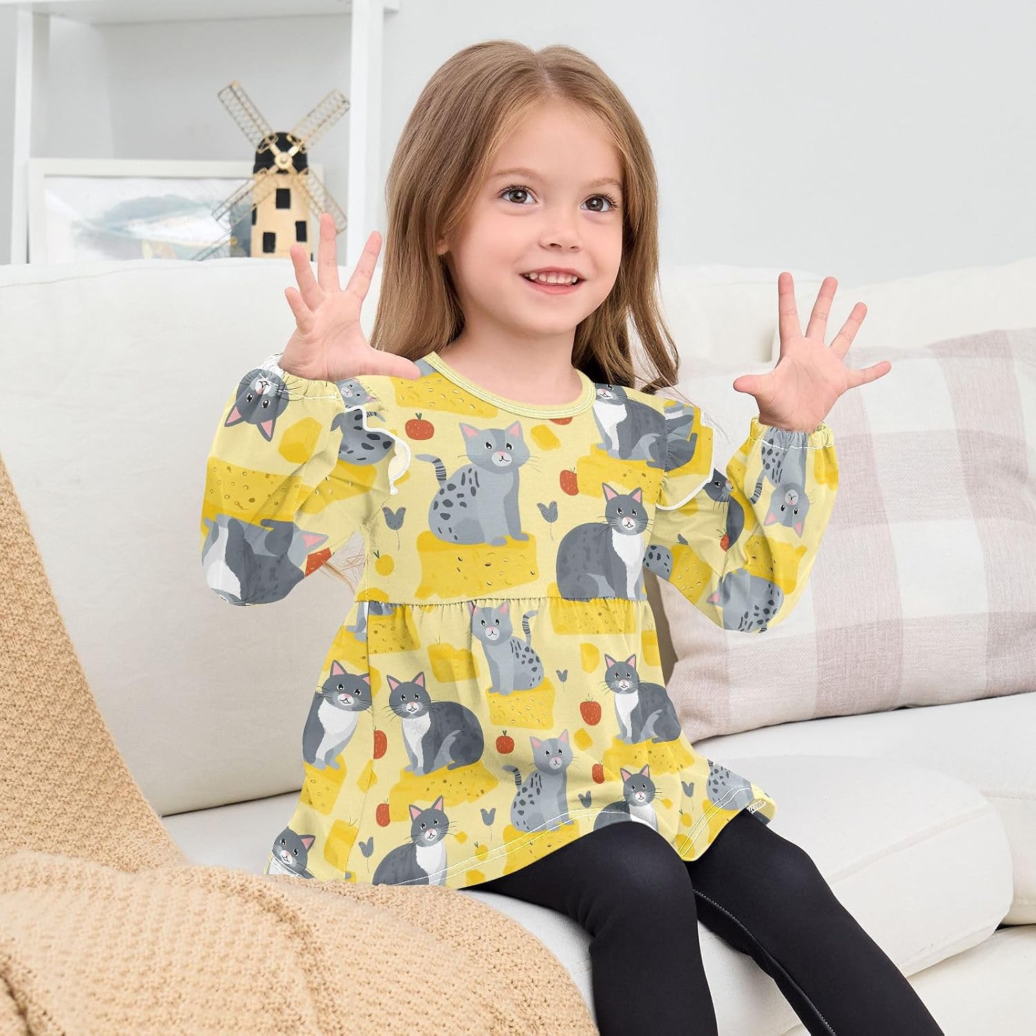 visesunny Toddler Clothes for Girls Cheese Gray Fat Cat Long Sleeve Fall Shirts Cotton Top with Ruffle Collar