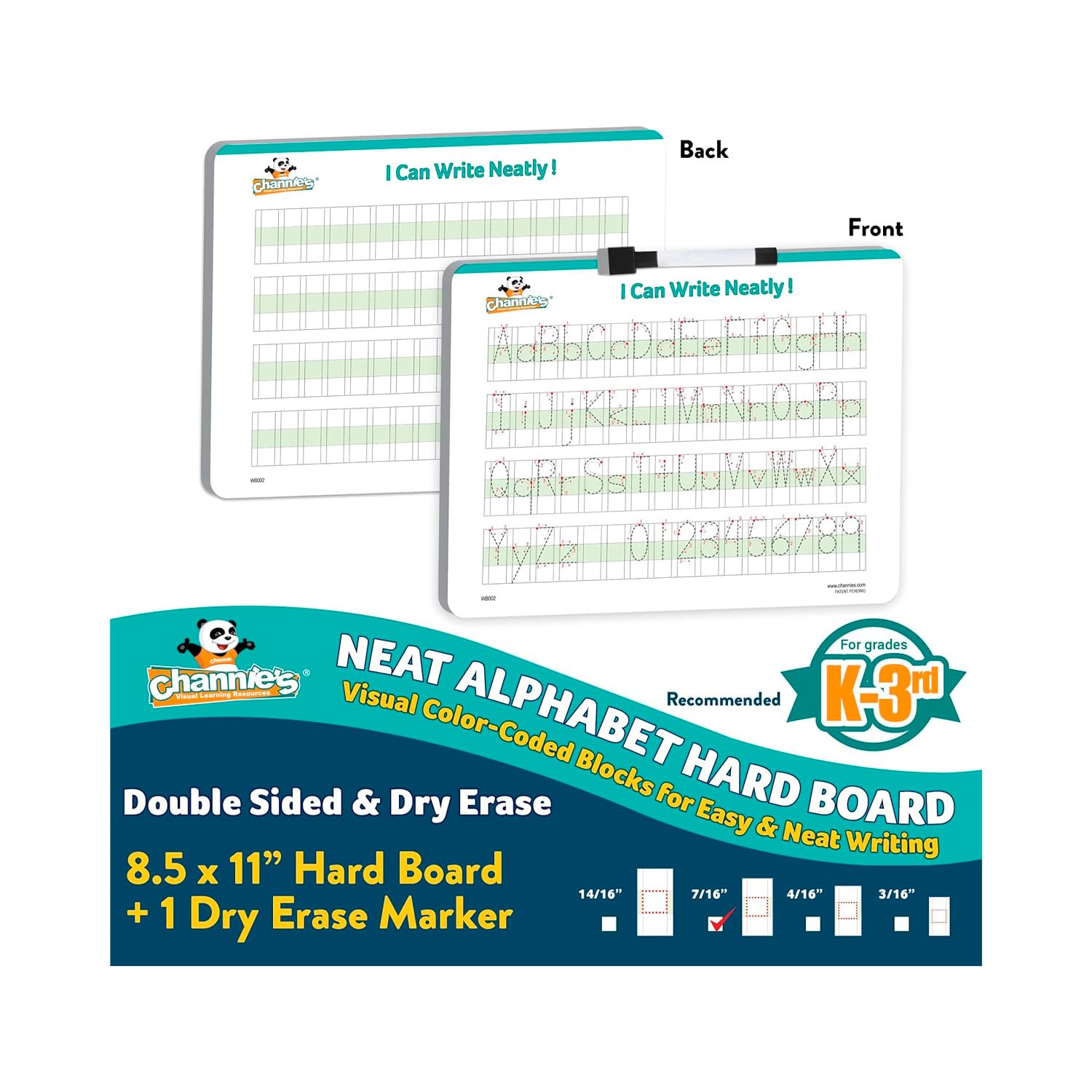 Channie’s Visual Dry Erase Neat Alphabet Hard Board for 1st, 2nd, 3rd Elementary School Students, Handwriting Practice, Homeschool Learning Supplies