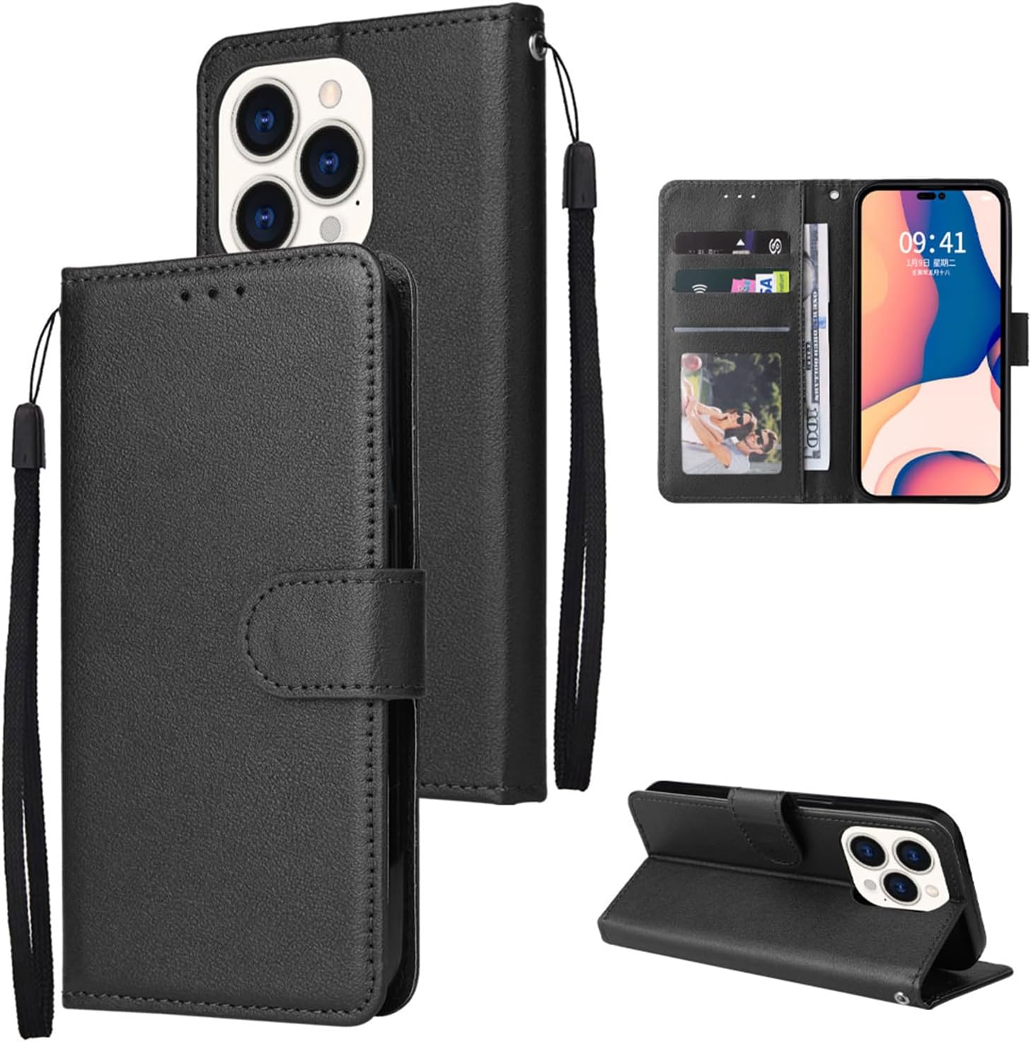 Wallet Case for VIVO Y11/1906 with Strap,for Women Men,[3 Card Slots] [Wrist Strap] with Magnetic Closure Kickstand Wrist Strap Shockproof Flip Case–Black