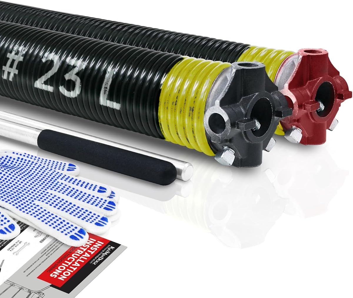 Pair of 2" Garage Door Torsion Springs Set with Non-Slip Winding Bars & Gloves, Precision Electrophoresis Black Coated Without Oil, for Replacement & Installation, MIN 16,000 Cycles(0.207x2''x23'')