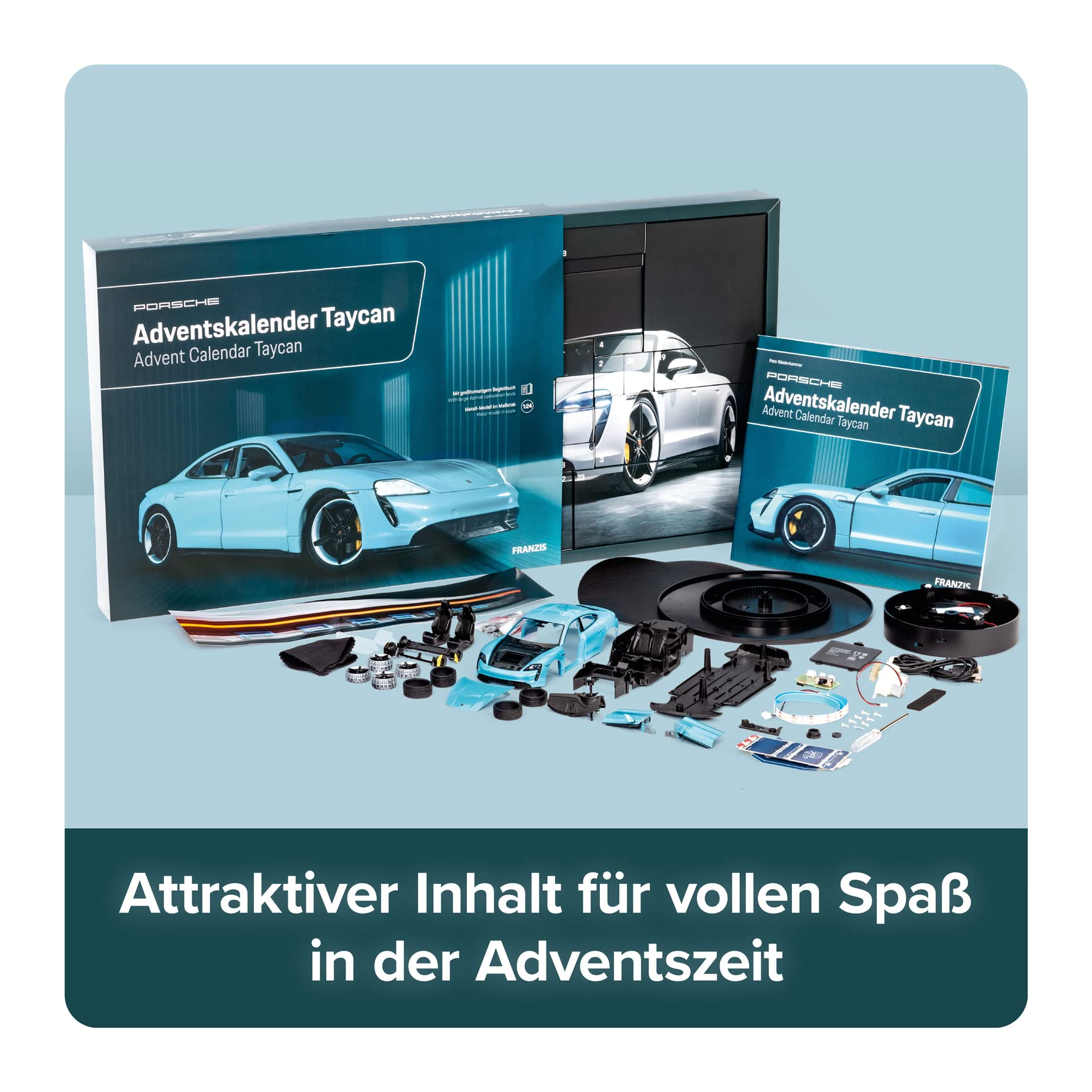 FRANZIS 67203 - Porsche Taycan Adventskalender frozen blue, Modellbau 1:24