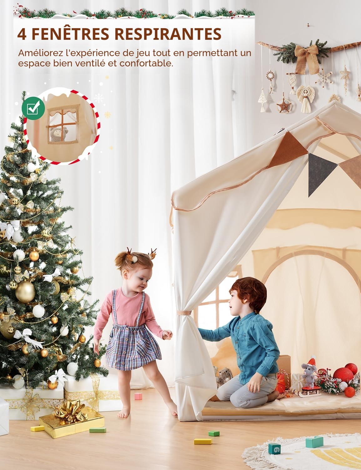 besrey Tente Enfant 2 en1, Cabane Enfant Intérieure avec Tapis Rembourré, Lumières et Drapeaux, Tente de Jeu pour Enfants Princesse, Idéal pour la Décoration de Chambre d'enfants et Fête, Beige