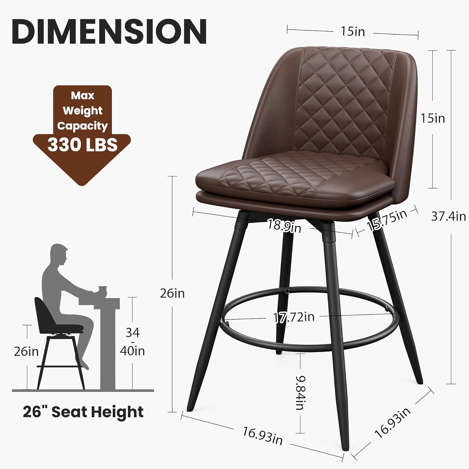 YaFiti Swivel Bar Stools Set of 2, 26" Counter Height Upholstered Faux Leather Barstools, Bar Chairs with Back and Footrest for Bar, Kitchen Island, Dining Room, Brown