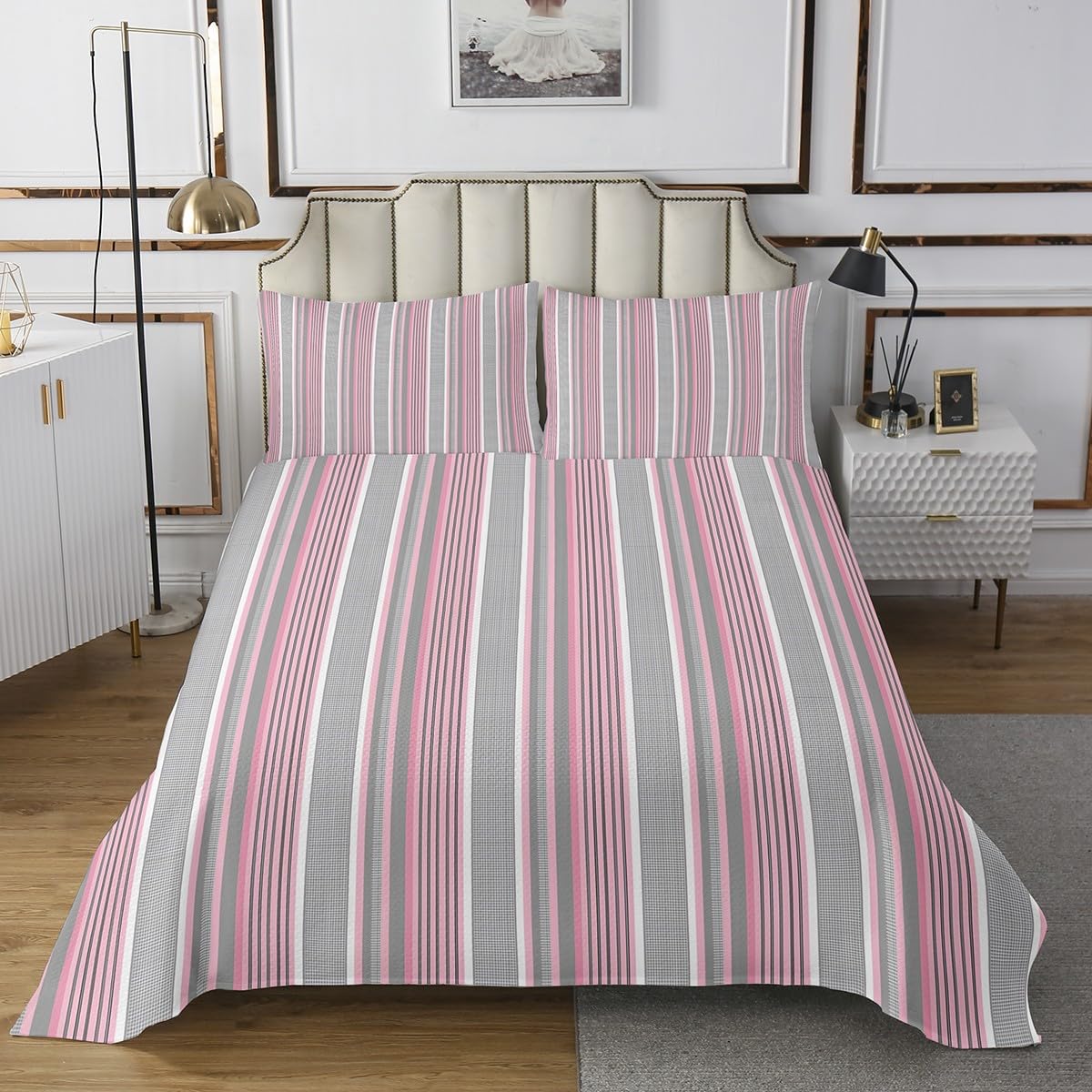 Plaid Striped Quilt Set for Kids Teens,Pink Grey White Lines Bedspread Coverlet,Girly Style Bedding Set Decorative Quilted 3 Pieces Coverlet Set with 2 Pillow Shams,King Size
