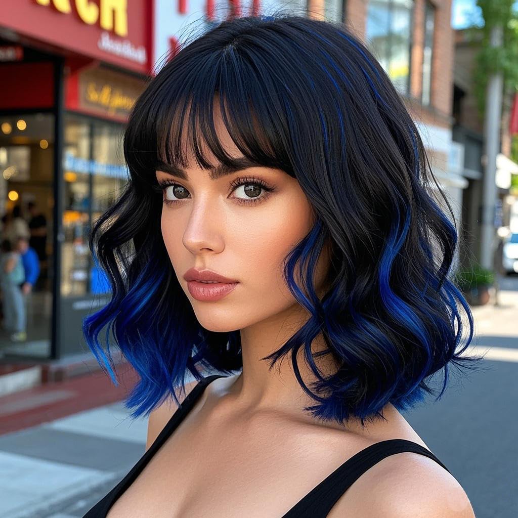 Photo 1 of Amarlis Short Black Blue Bob Wig with Bangs for Women 14 Inch Wavy Synthetic Wig for Daily Party Cosplay Use