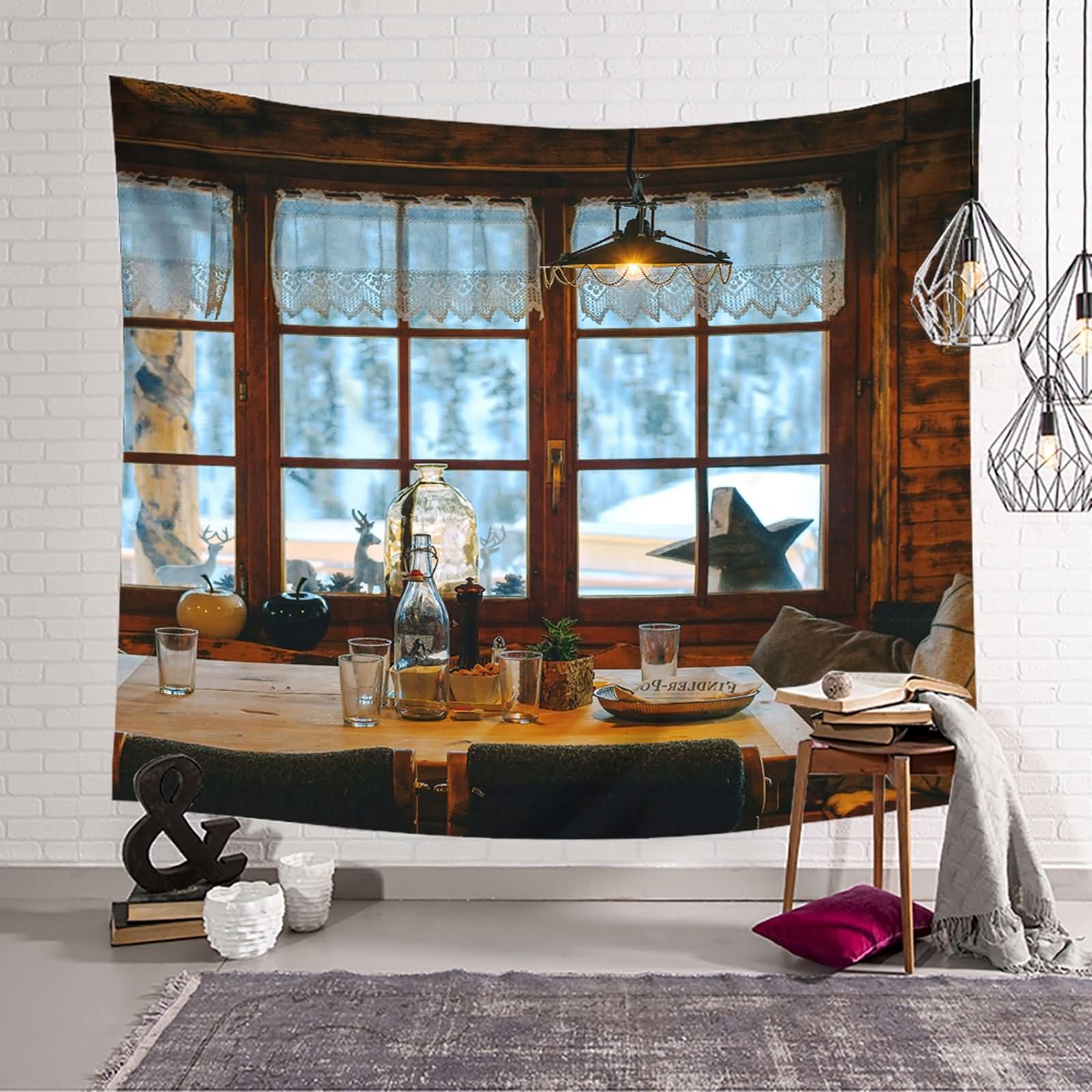 Homxi Wandteppich Wandbehänge 260 W x 240 H CM, Café Landschaft, Polyester Tapestry, Braun