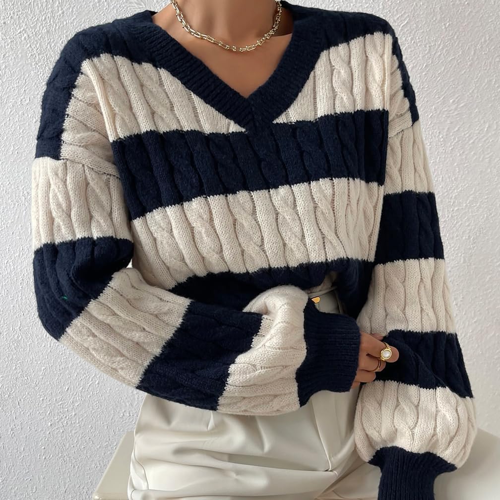 Women Color Block Sweater Loose V Neck Long Sleeve Slouchy Cable Knit Pullover Jumper Tops - Image 4