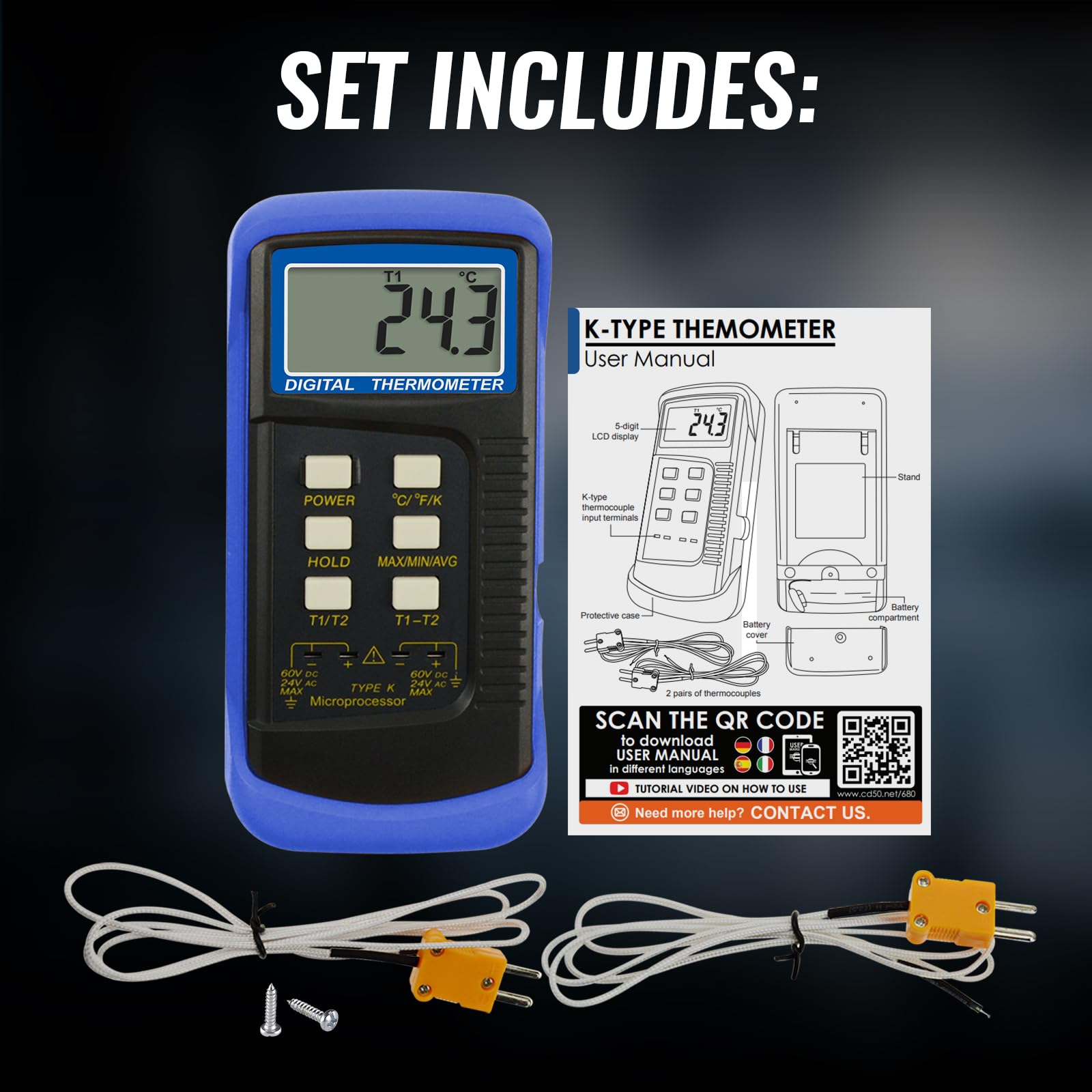 Termometro digitale a 2 canali K-Type 2 termocoppie -50 ~ 1300 ° C (-58 ~ 300 ° F) Palmare ad alta temperatura Kelvin Scale Dual Misuratore Sensore