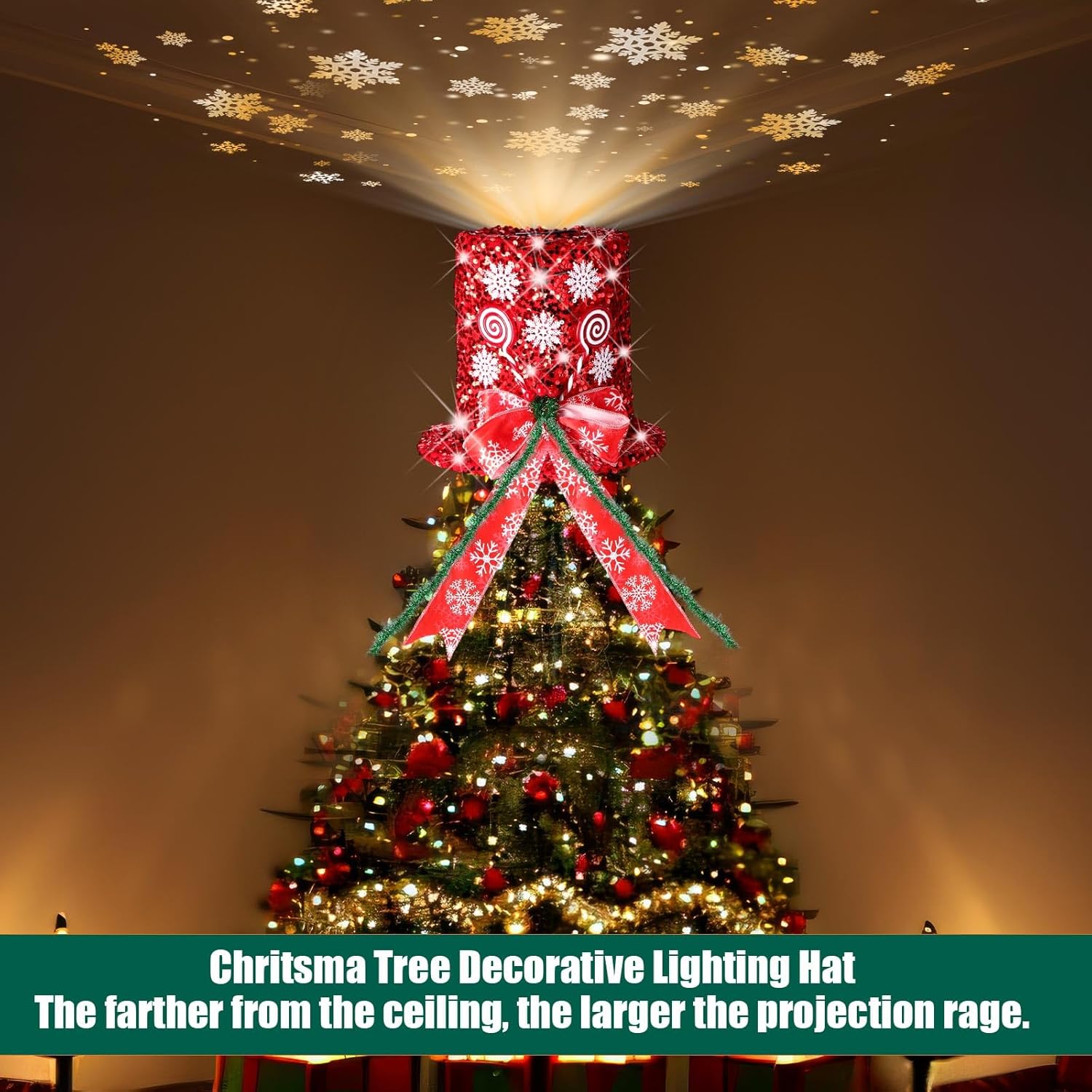 Rossesay Christmas Tree Topper Hat with Winter Snowflake Projector Lights Shiny Sequins Hat with Red Snowflake Bow Tree Topper for Xmas Winter Holiday New Year Indoor Office Tree Decoration