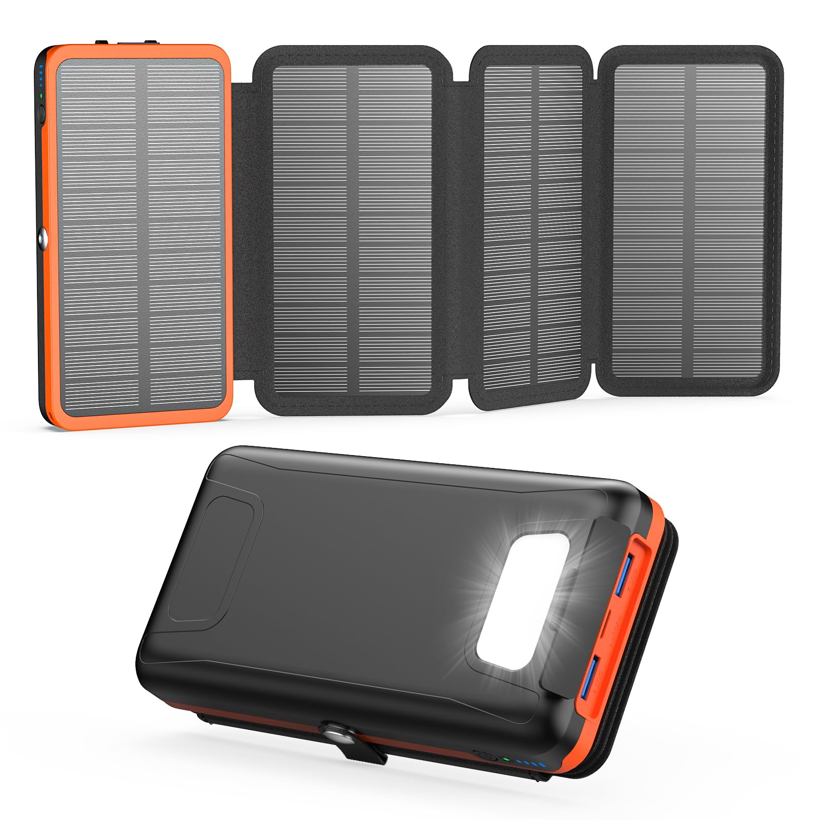 Chargeur Solaire 20000mAh - Powerbank Solaire Charge Rapide 22.5W | 4 Panneaux solaires Pliables, 2 USB A 1 USB C, Chargeur Portable pour téléphones iPhone 17 16 15 14 13 12, tablettes Orange