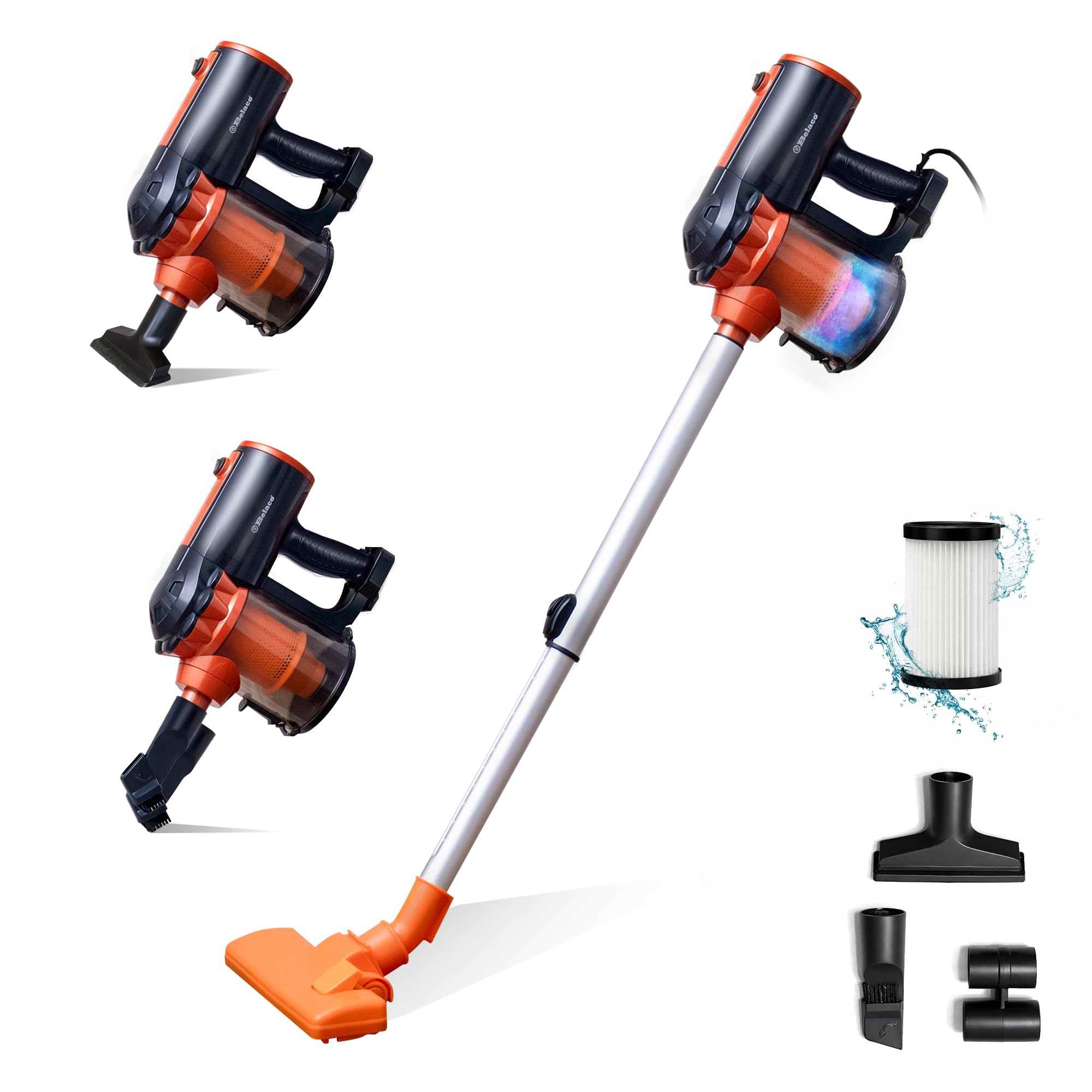 Belaco Black And Orange Corded Vacuum Cleaner 3-In-1 Stick & Handheld, 600W Bagless Multi-Cyclonic Hepa Hoover, Carpet & Hard Floor, Upright, Adjustable Metal Pipe, 5M Cable, 2.5Kg