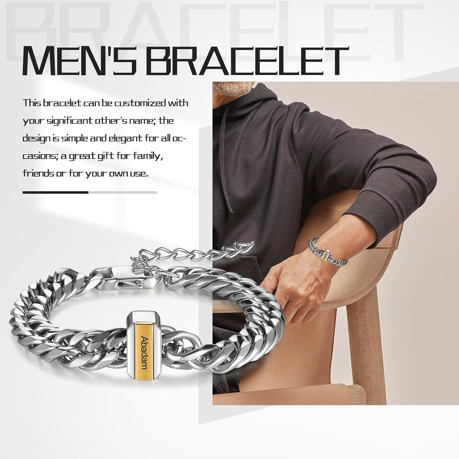 Custom Men's Bracelet in Silver & Gold: Personalized Dad Bracelet with Engraved Names, Father's Day Curb Chain Bracelet, Durable and Stylish - Gift for Dad, Husband, Boyfriend, Grandfather - Image 4
