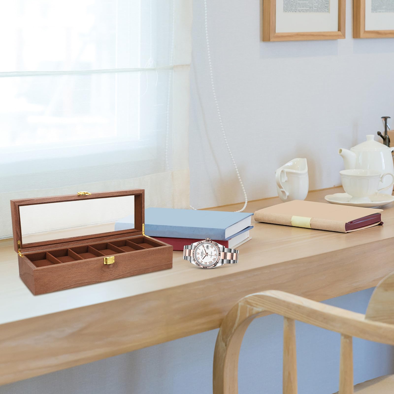 Vintage und Einfach zu Tragen zur Aufbewahrung und Präsentation Uhrenaufbewahrungsbox mit 6 Fächern Eleganter Uhren Displaybox für Uhren und Schmuck