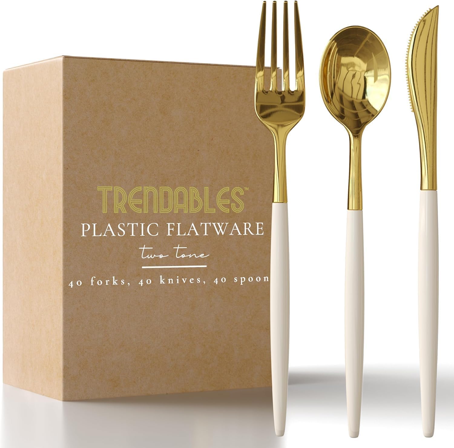Trendables 120 Pack Disposable Silverware Set - Ivory & Gold Plastic Cutlery Dinnerware - Includes 40 Forks, 40 Spoons, 40 Knives - Party Set