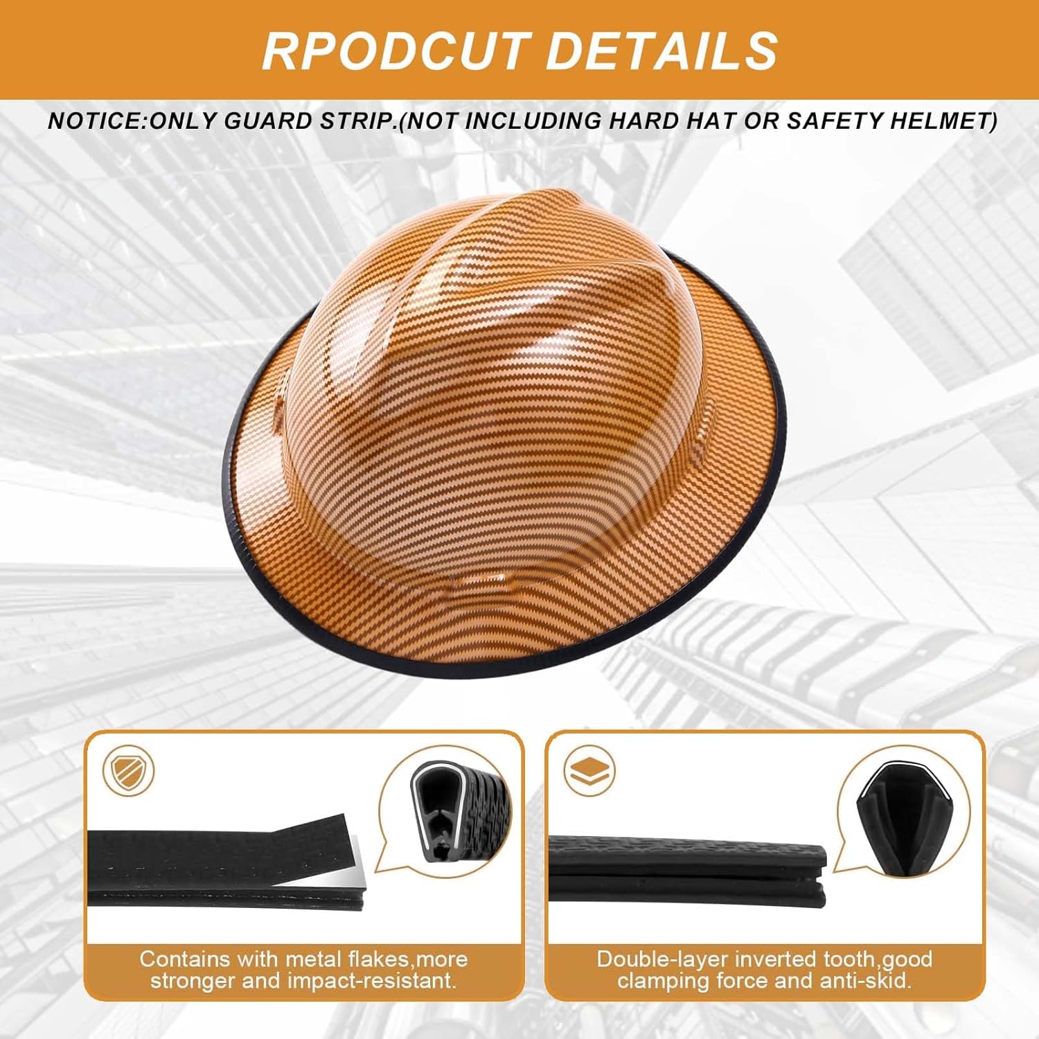 2-Pack Hard Hat Brim Guard - Two 36.6in Steel Core Impact-Resistant Edge Protectors, Full Brim Accessories, Clip-On for Carbon Fiber/Fiberglass Construction Helmets, Black Anti-Skid Strip