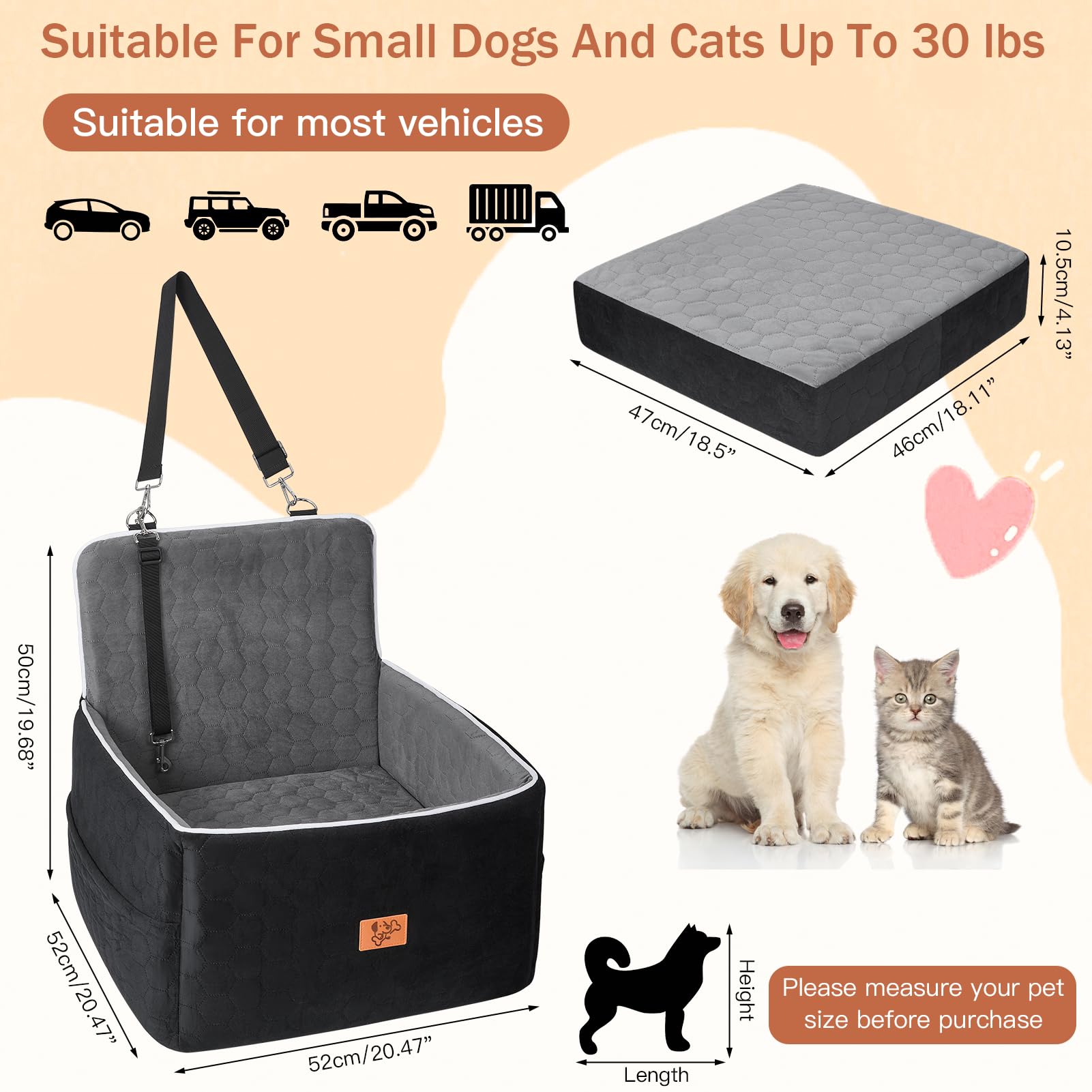 Asiento Perro Coche, Extra Estable Cama Perro Coche con Espuma Viscoelástica, Funda Lavable y Cinturón de Seguridad, Asiento Coche Perros para Medianos y Pequeños de hasta 13.6 kg, 52x52x50cm — view 5