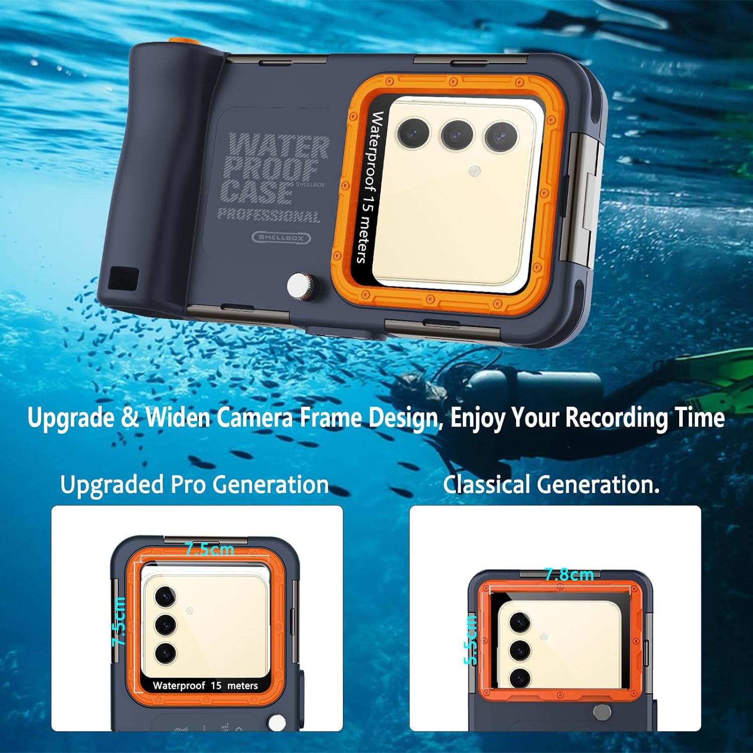 ShellBox Case Upgrade Underwater Scuba Waterproof Phone Case for Samsung Galaxy S25/S24/S23/S22/S21 Plus Ultra Universal(Volume Button on Right),50Feet(15Meters) Professional Diving Shell, Blue-Orange
