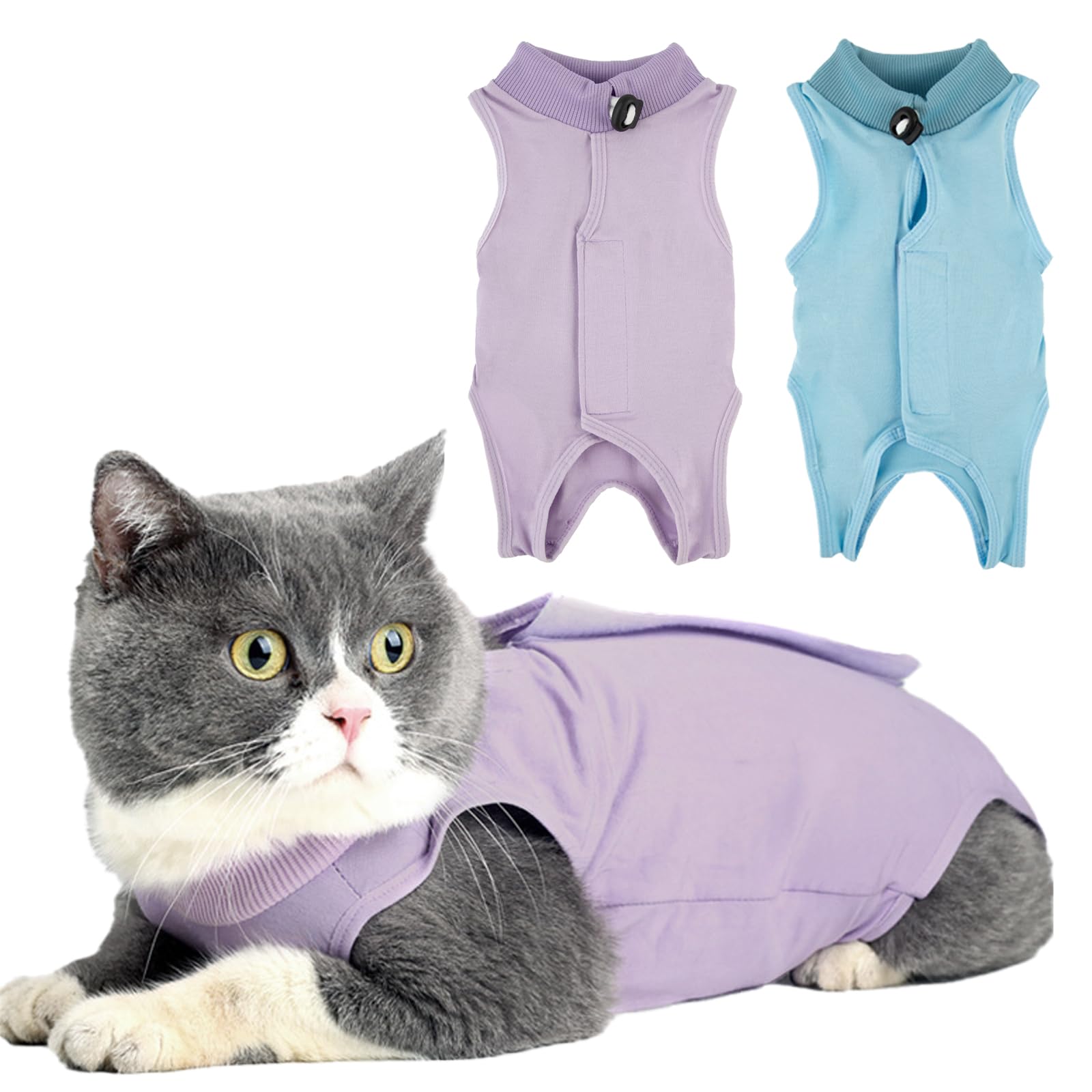 TYXHXTF 2Pcs Cat Recovery Suit, Cat Onesie, Pajama Suit, E-Collar Alternative for Cats After Surgery Wear (M) (Blue+Purple)