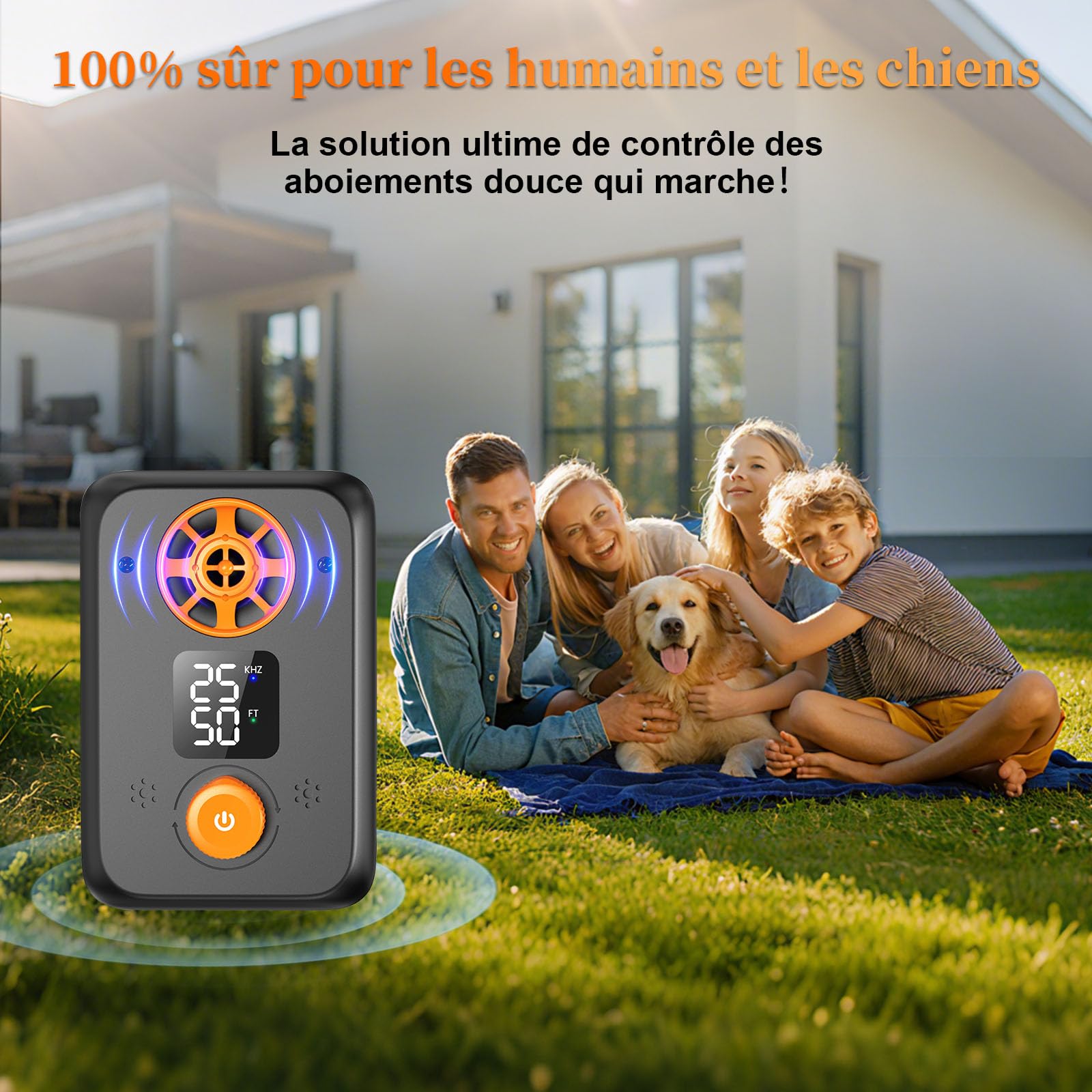 Anti Aboiement Chien Ultrason Puissant - Appareil Anti-Aboiement Ultrasonique Chien avec 5 Fréquences Ajustables, 3 Portées, Arrêt Automatique du Aboiement Intérieur/Extérieur