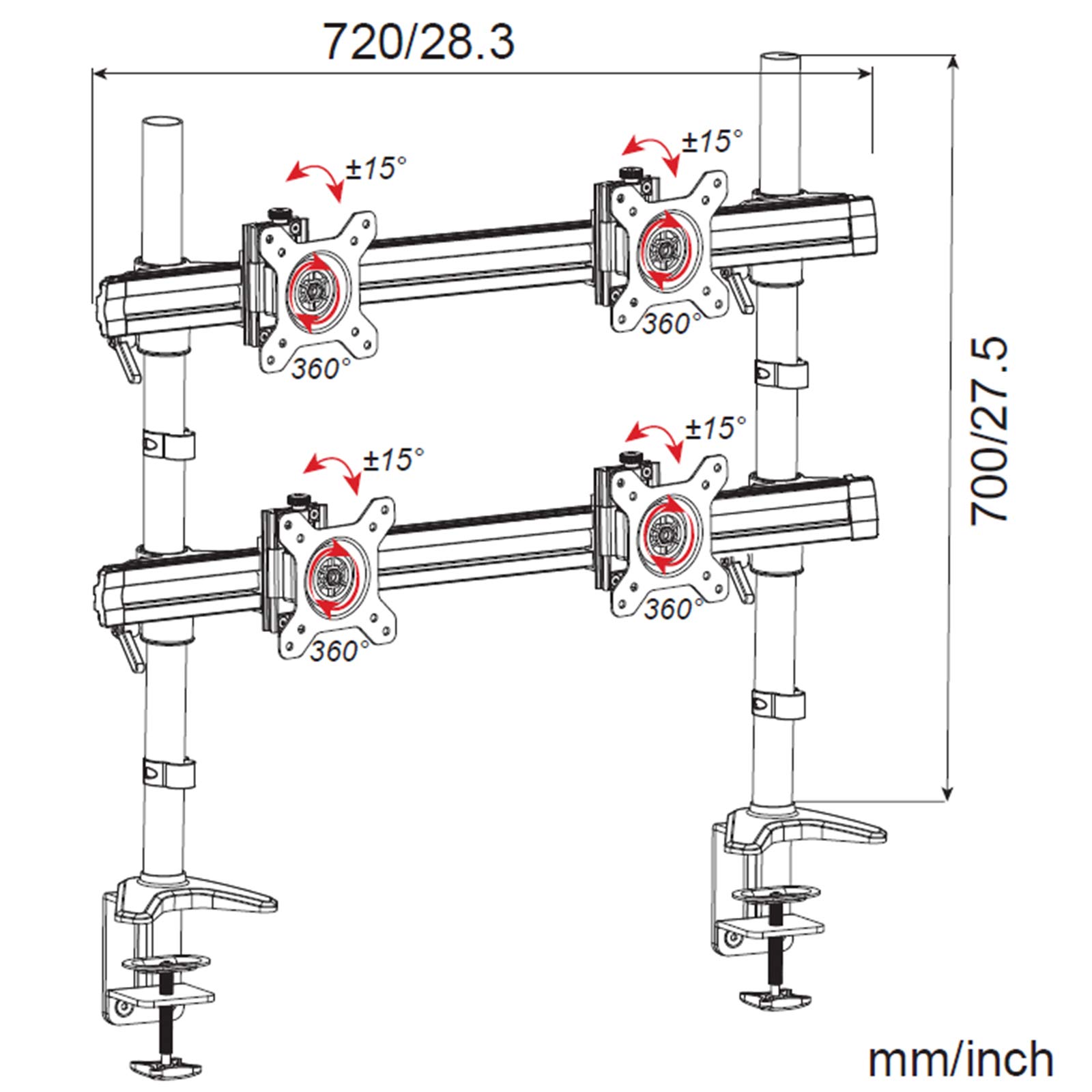 HFTEK 4-Fach-Monitorarm - Halterung Halter Tischhalterung für 4 Bildschirme von 15 bis 27 Zoll mit Tisch-Klemme - VESA 75/100 (MP240C-N)
