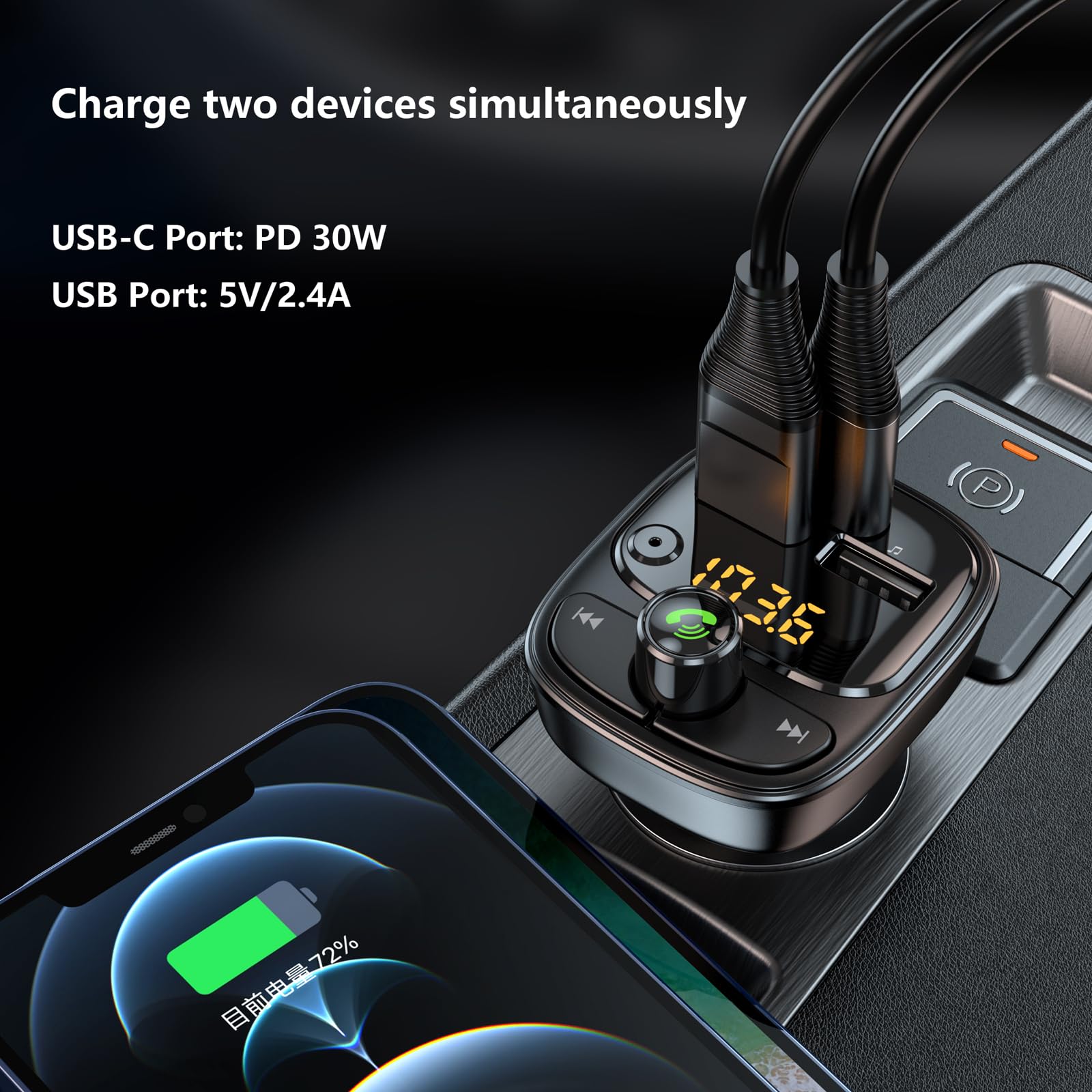 Transmisor FM Bluetooth 5.3, adaptador de coche, reproductor de MP3, radio inalámbrica, receptor de audio estéreo, llamadas manos libres, 42 W (PD 30 W y 12 W), cargador de coche USB C para iPhone