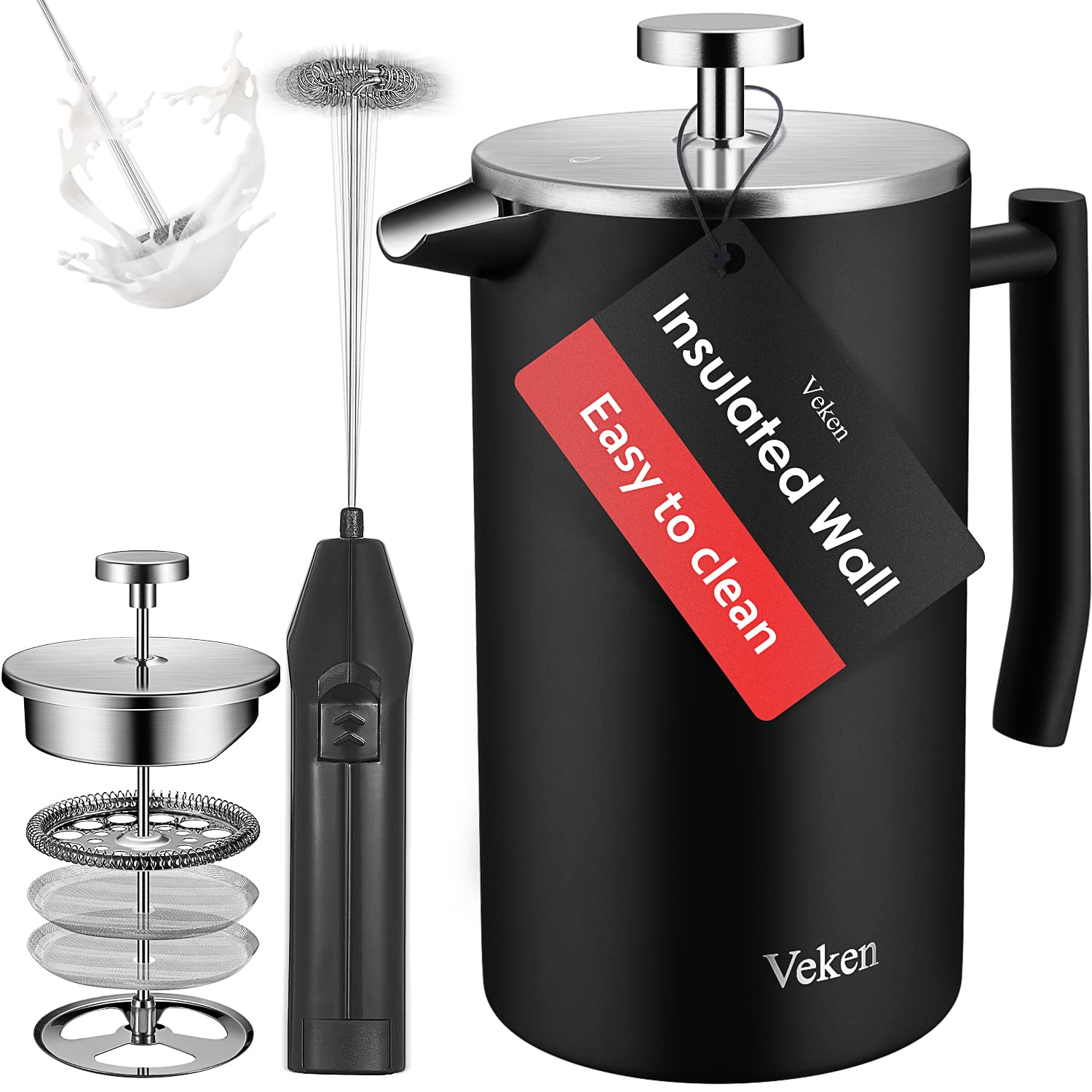 Veken French Press Coffee Maker, Double-Wall 304 Stainless Steel Coffee Press with Multi-Screen System, Rust-Free, Dishwasher Safe, (1L), Black - 34 oz Black