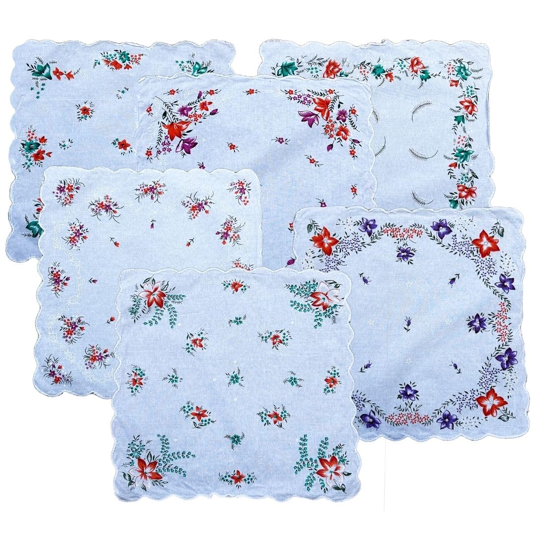 100% Cotton Multicolor Handkerchief with Embroidered Scallop Border | Soft Absorbent Square Hanky | Blue, Dark Pink, Green & Orange | 31 x 31 cm-image-27