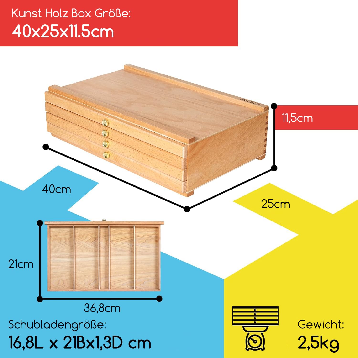 MEEDEN Aufbewahrungsbox für Künstler, 4 Schubladen, tragbar, Buchenholz, für Künstler und Pinsel, Aufbewahrungsbox mit Fächern und Schublade für Pastellstifte, Bleistifte, Stifte, Marker, Pinsel