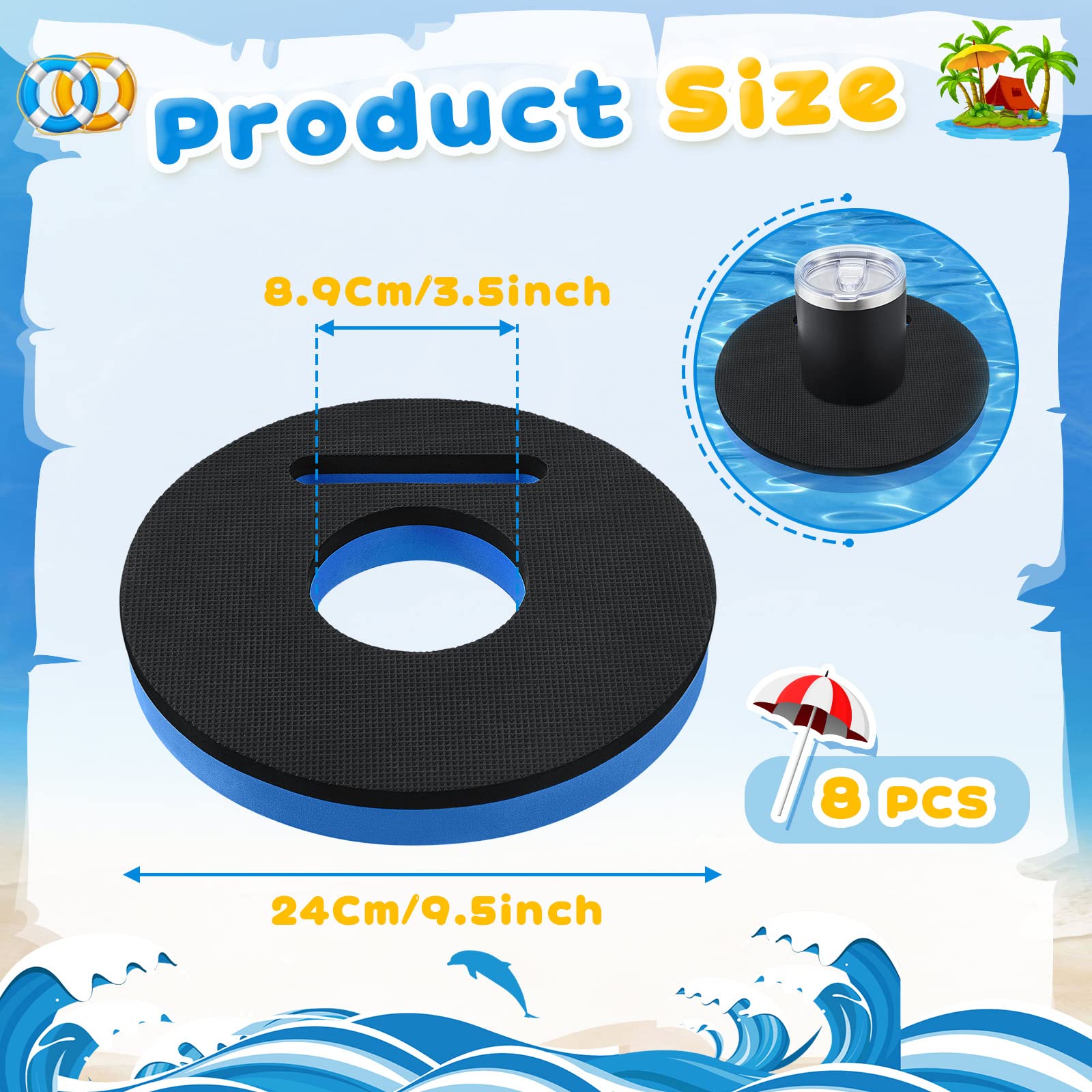 Zubebe 8 Pcs Universal Tumbler Holder Floating Blue and Black Drink Float 9.5 Inch Floating Drink Holder Fits Tumblers 16 to 30 Ounce for Pool Lake Beach Adults Cup
