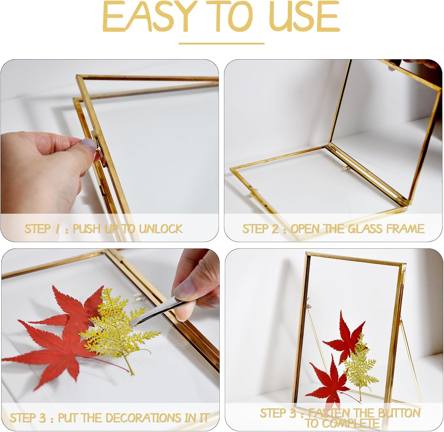 Handmade Pressed Flower Floating Frame, Brass and Glass Picture Frame for Pressed Flowers, Tabletop Photo Display for Home Decor (Gold, 8X10)