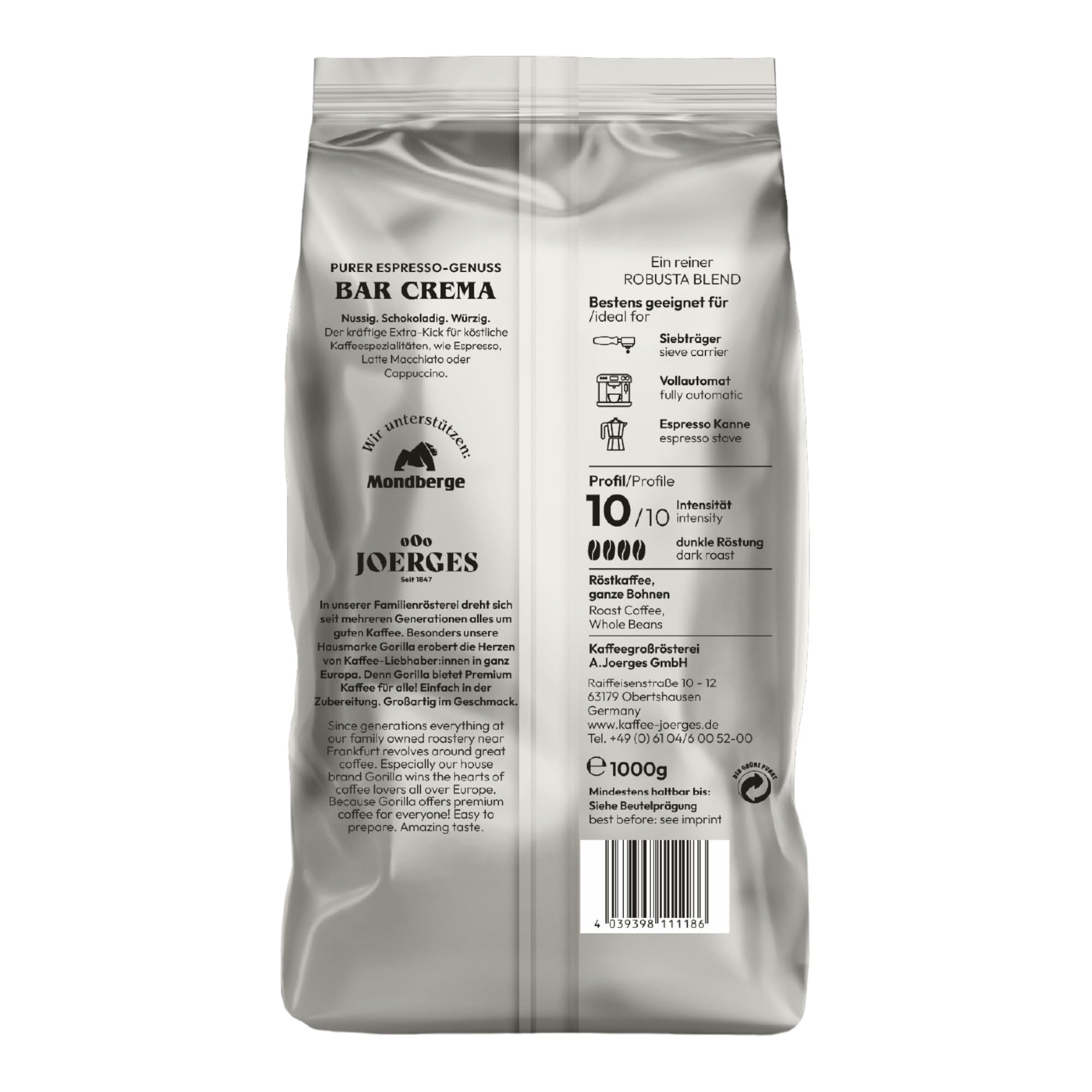 Gorilla Espresso Bar Crema Kaffee Bohnen - 12 Pakete zu je 1000 g Cafe