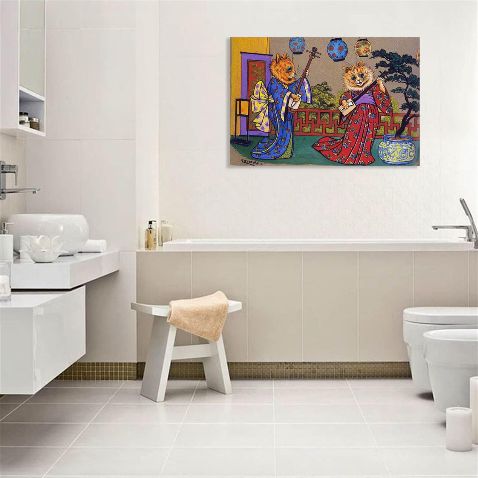 MYCGGDGH Louis Wain Pittura su Tela Animali musicali Due gatti Stampe Gatti Quadri Famosi Louis Wain Poster Quadri Moderni Soggiorno Astratti120x80cm(47x31in) Con cornice