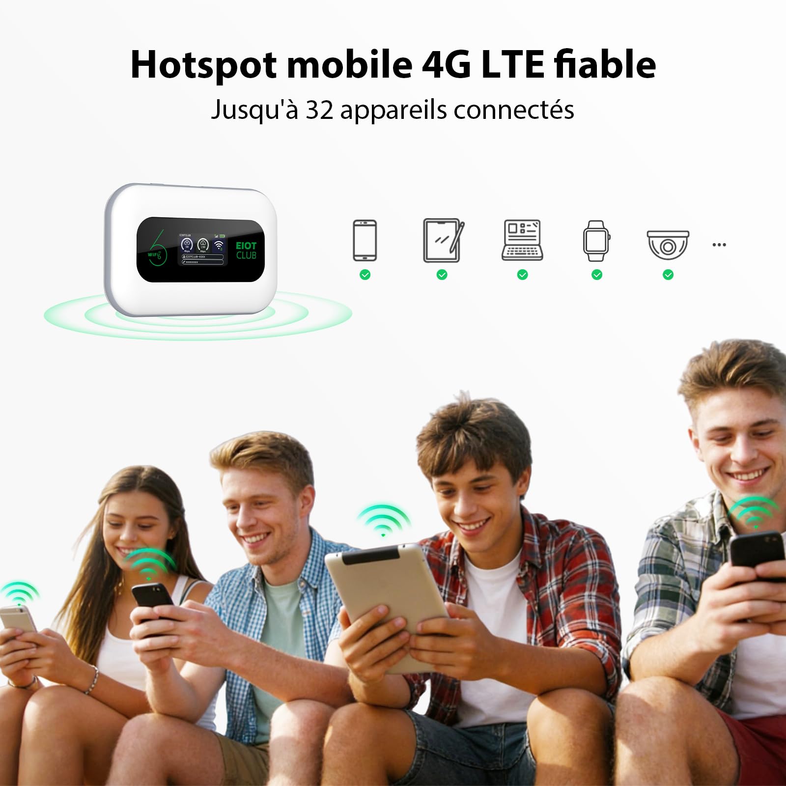 EIOTCLUB Routeur 4G Portable 3000mAh, SIM Europe Inclus 1Go sans Abonnement | SIM UE Intégrée (33 Pays) | WiFi 6 Mobile (150Mo/s, 2,4GHz) | WPA3, 32 Appareils, Écran LCD, Voyage & Camping