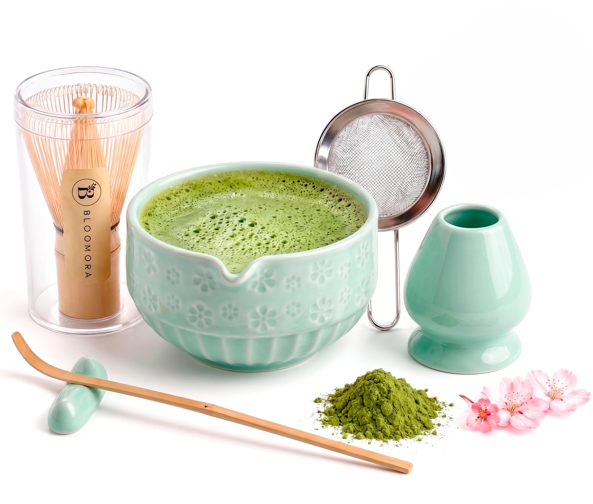 Matcha Set, Ceramic Matcha Kit with Bowl, Bamboo Whisk, Scoop, Strainer, Scoop Rest, Whisk Holder, Cloth + Instruction Handbook β Traditional Japanese Tea Ceremony Kit
