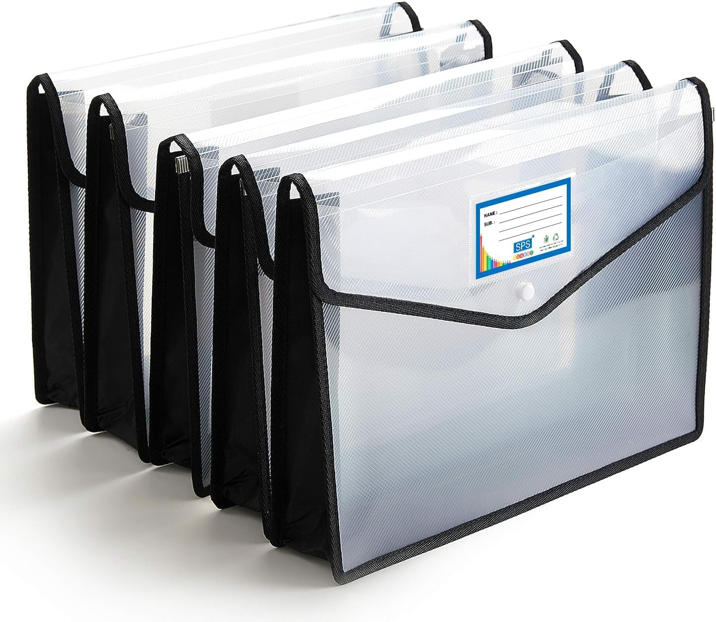 SPS Envelope Folder, Transparent Poly-Plastic A4/Foolscap Documents File Storage Bag with Snap Button, Set of 5 (Black)