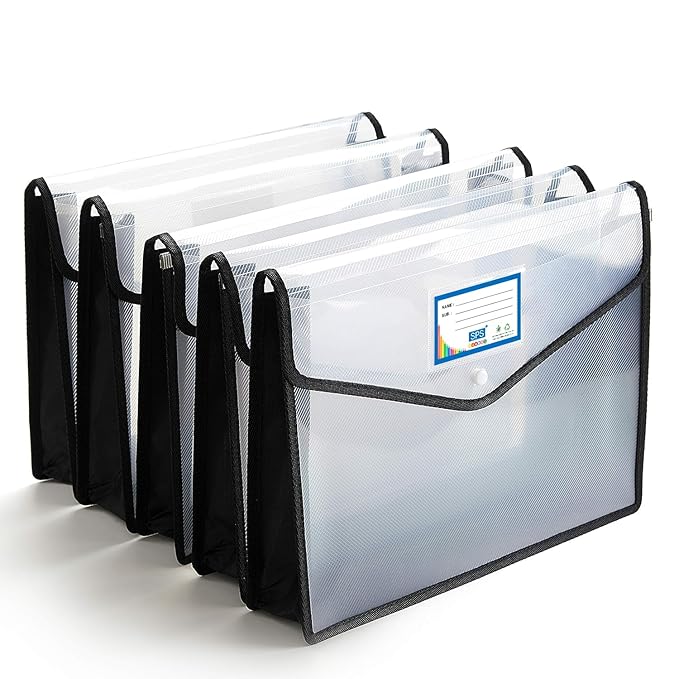 SPS File Folder, Transparent Poly-Plastic A4/Foolscap Documents File Storage Bag with Snap Button, Set of 5 (Black)