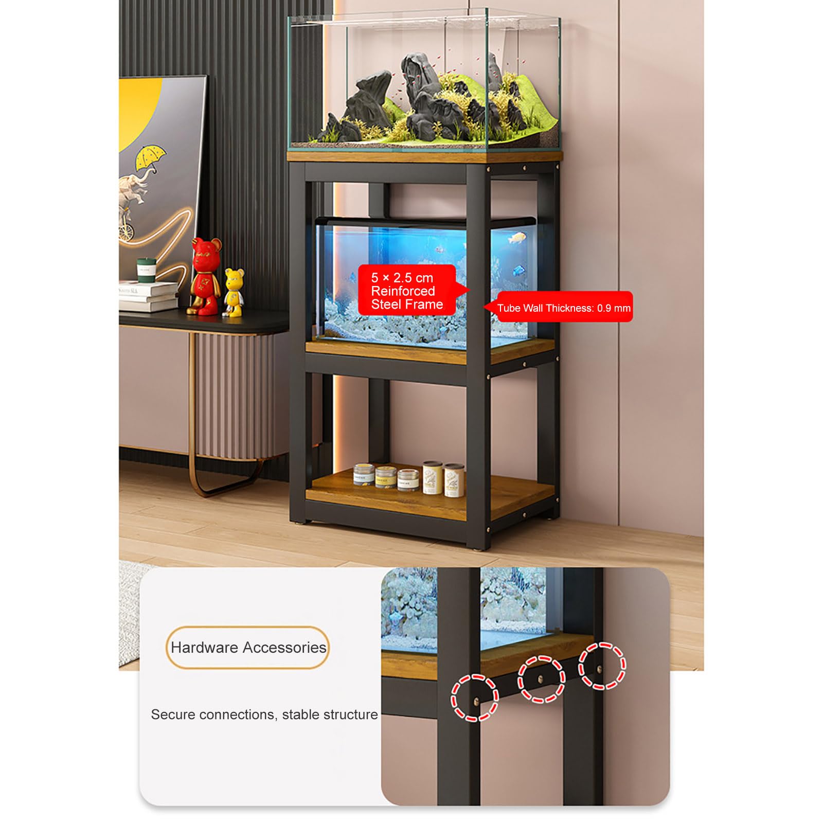 Supporto Acquario 3 Ripiani per 10-40 Galloni, Mobile Acquario in Metallo Resistente con Mensole, Supporto Terrario Stabile e Salvaspazio White Frame + Black Board 41*30cm/16.1*11.8in