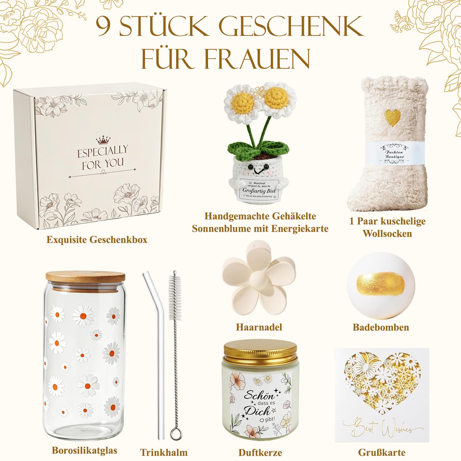 Geschenke für Frauen Freundin, Positive Kartoffel Geschenkset, Trinkgläser Geburtstagsgeschenk für Frauen, Mama, Schwester, Kollegin, Wellness Entspannung Geschenk mit Duftkerze