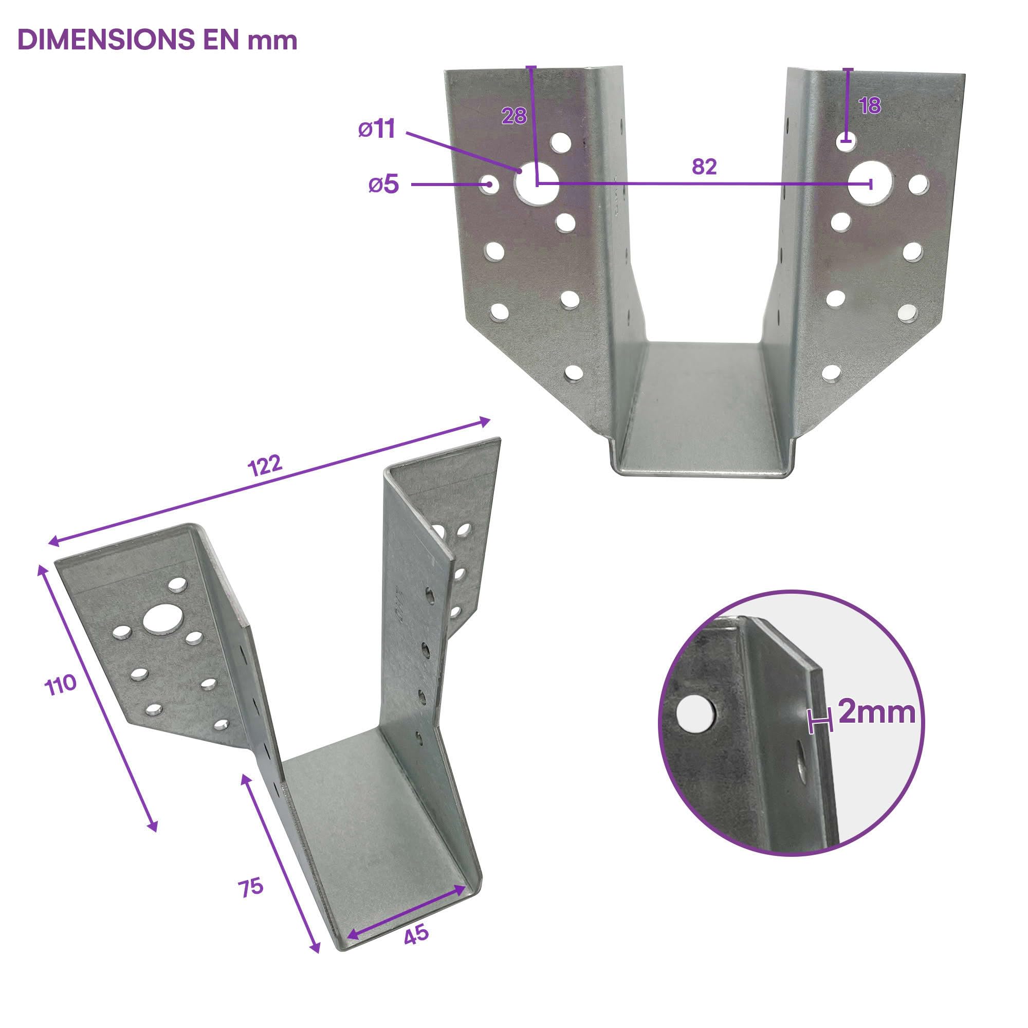 10 sabots de charpente à ailes extérieures - Connecteurs de poutres - Acier galvanisé - Larg 45 x Ht 108 mm - Fabriqué en Europe