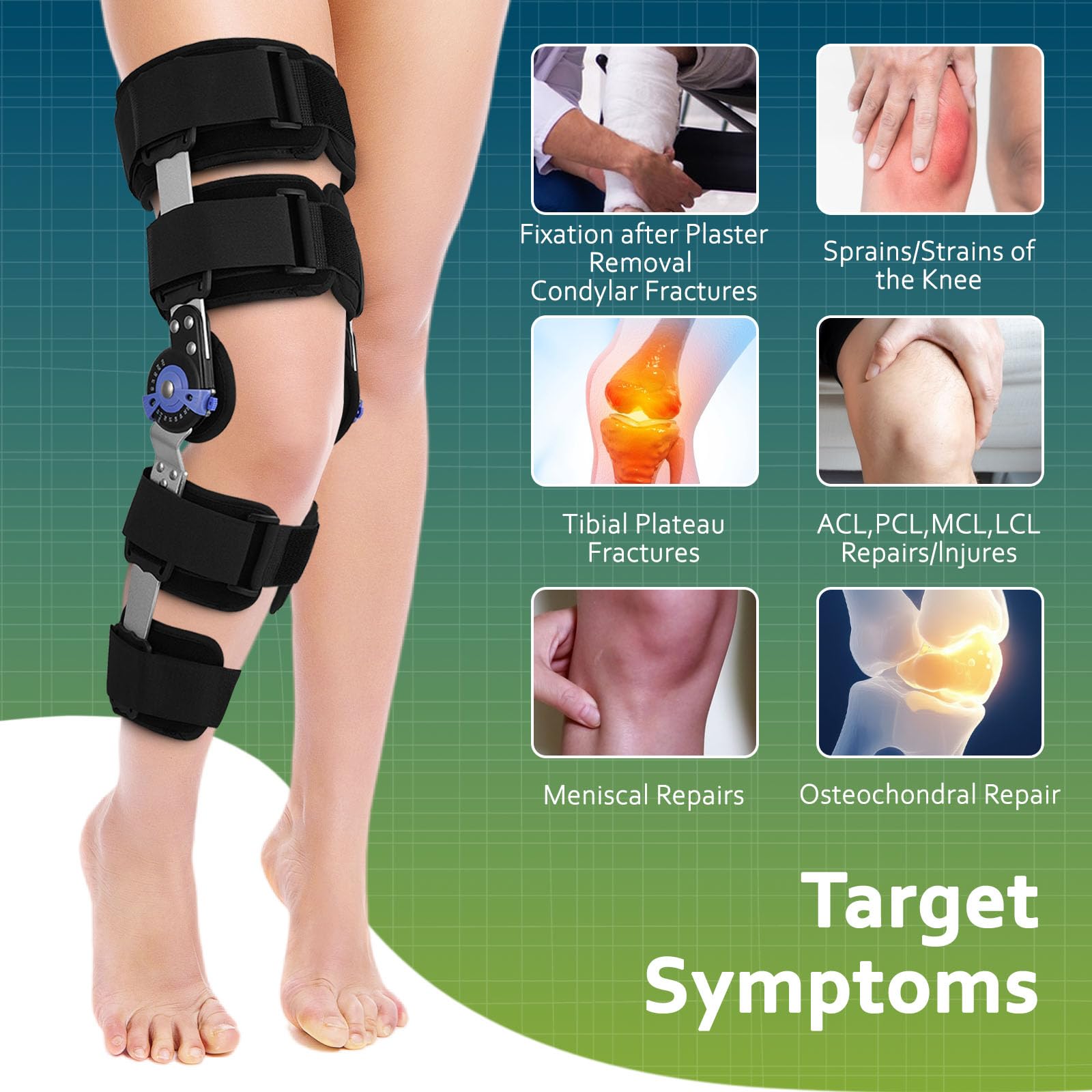 Rodillera ajustable, ROM estable, fijación de rodilla ajustable, inmovilizador de rodilla ajustable con estabilizadores laterales de pierna (altura recomendada: mínimo 160 cm)