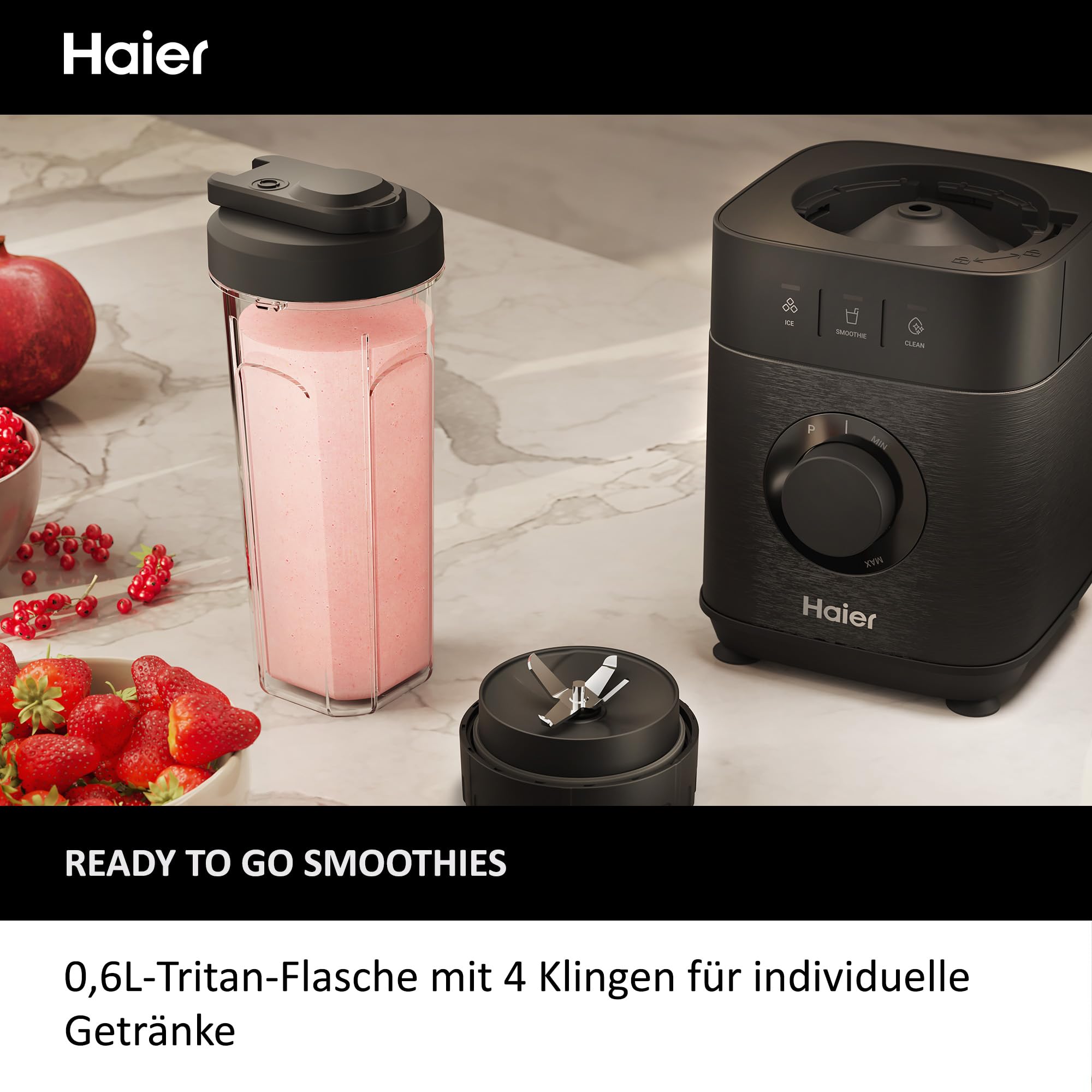 Haier Mixer mit Ice-Crush-Funktion & Smoothie Maker, 1200W I Standmixer mit 1,7L Glasbehälter & 0,6l To-Go-Flasche I Selbstreinigungsfunktion, Spülmaschinenfest & 5 Geschwindigkeiten [Serie 5-HBL5B2]